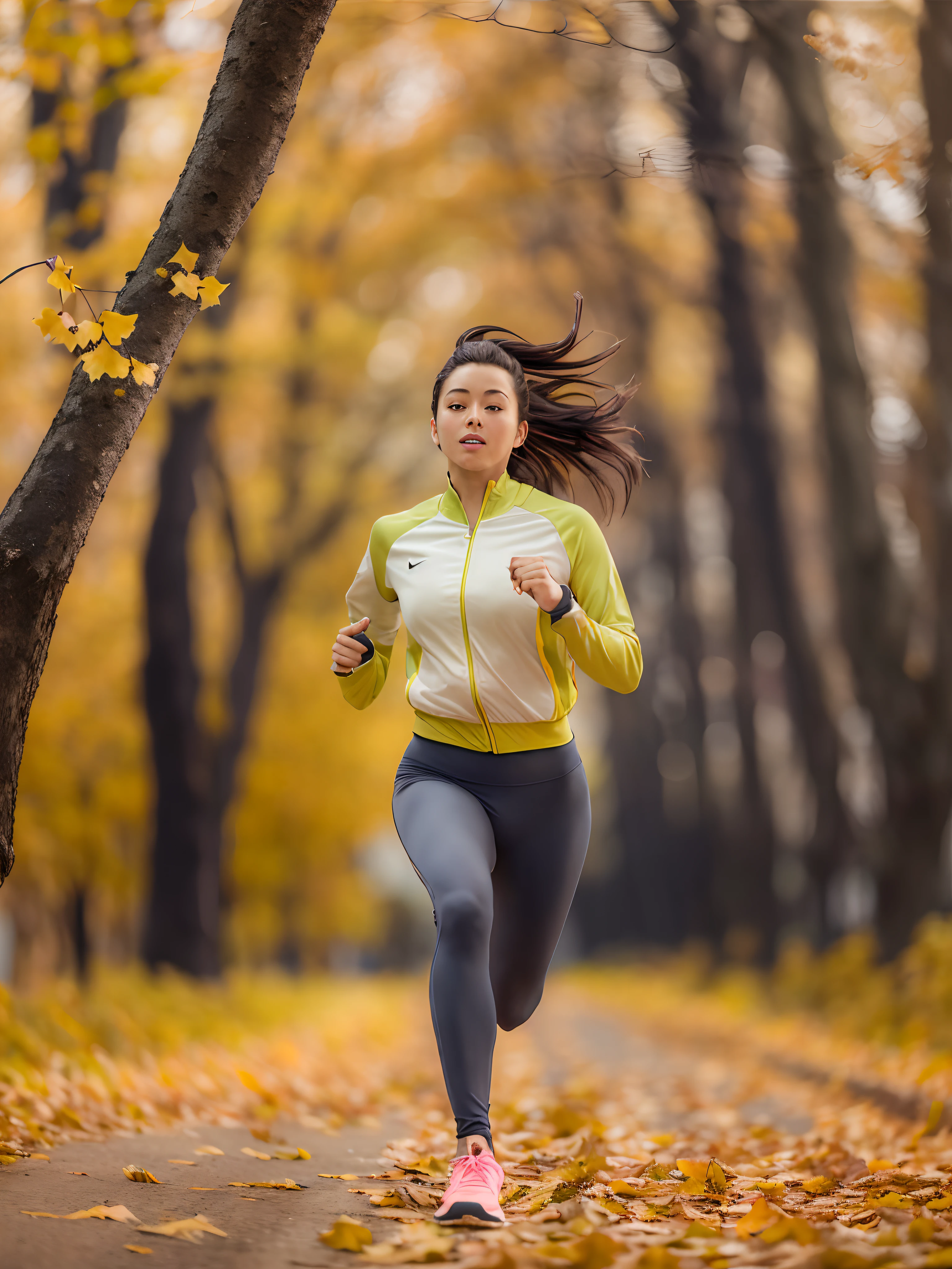 (a cool girl in sportswear,sprinting):1.2,(best quality,4k,8k,highres,masterpiece:1.2),ultra-detailed,(realistic,photorealistic,photo-realistic:1.37),vivid colors,(professional,sporty,athletic:1.1),sharp focus,golden hour lighting,autumn colors,jogging trail,sweat dripping,energetic,active lifestyle,adventurous,glowing skin,healthy and fit physique,wind blowing through hair,motion blur,falling leaves,cityscape background,ginkgo trees lining the path,confident stride,full of vitality