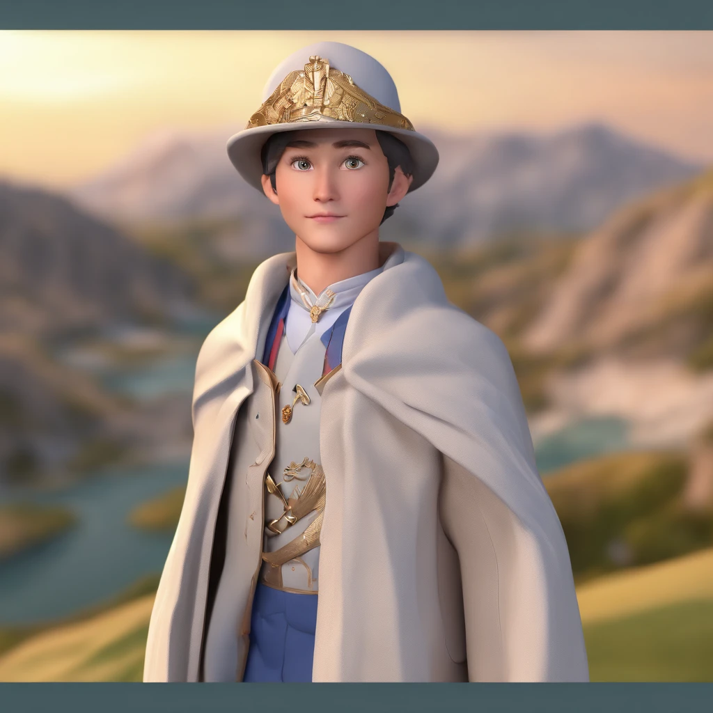 male people,Plain looks,Bright eyes, cherub,Pony coats,Wearing a cloak,Light brown skin, Clay, Models, a blind box toy, Glossy and delicate,Mountain and sea background, Good gloss, 3D rendering of,Best quality