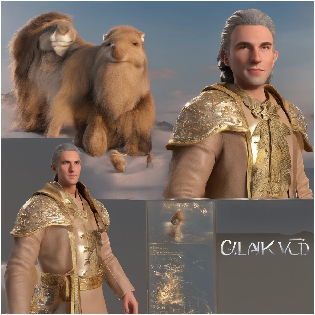 male people，Plain looks，Bright eyes, cherub,Pony coats,Wearing a cloak，Light brown skin， Clay, Models, a blind box toy, Glossy and delicate,Mountain and sea background, Good gloss, 3D rendering of,Best quality