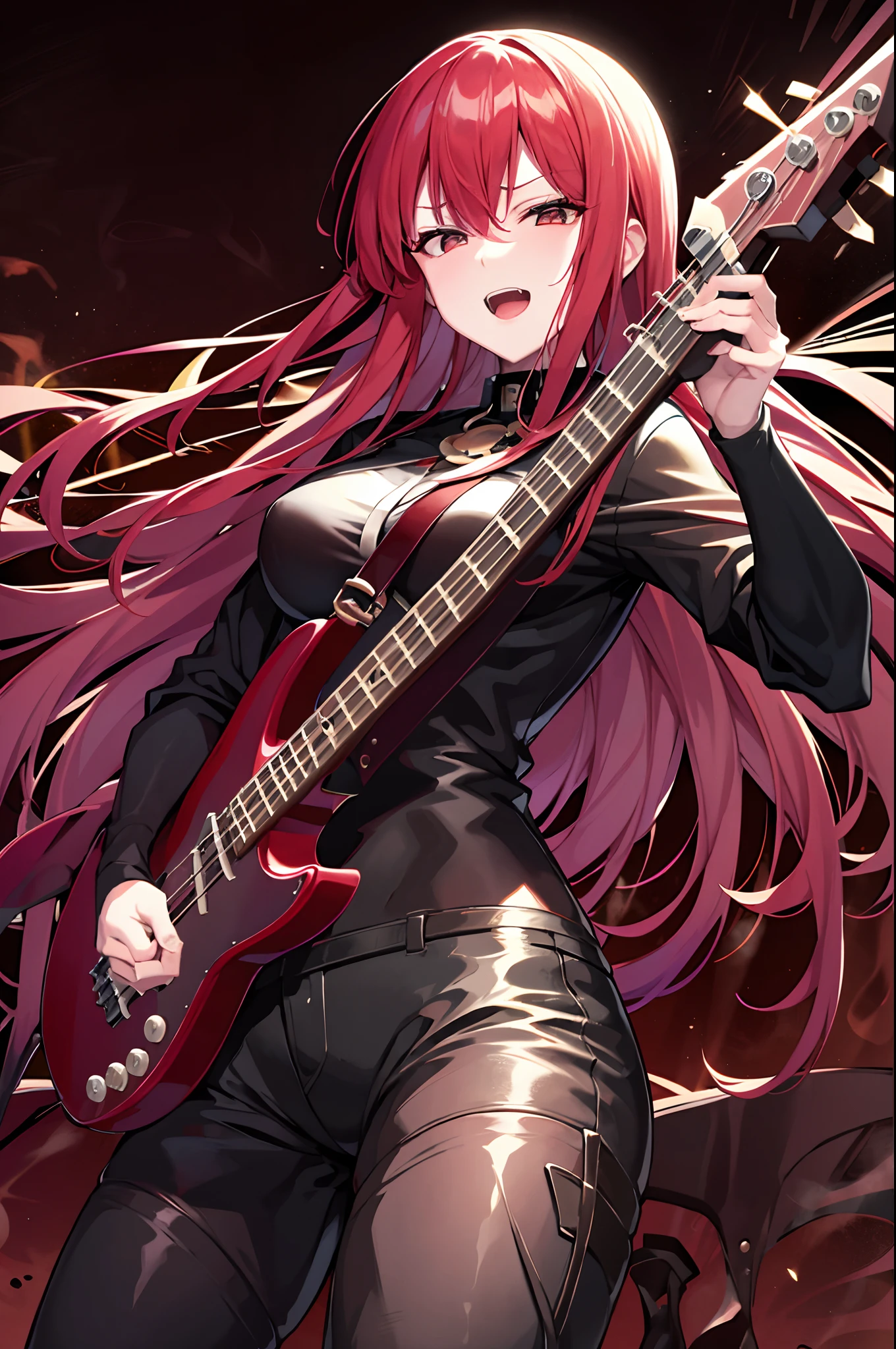 mulher, red hair, Cabelos Longos, anime, seios, Olhos vermelhos, Comics, sozinho, cabelo sobre um olho, cabo, Rockeira, franja, seios grandes, sorrir, tocando baixo eletrico, Electric bass instrument in your hands, electric bass, baixo eletrico completo de 4 cordas, os dedos dela  (Playing electric bass, Have an electric bass, 4 cordas), foto de corpo inteiro.