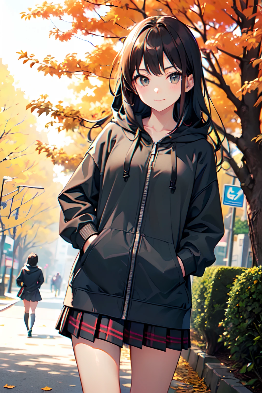 ((1 beautiful young girl)),(Solo、1 persons)、 ((14-year-old junior high school girl:1.5))、(flat chest)、(Dark-haired girl in grey oversized full-zip hoodie:1.37),(Do not wear hoodie hood:1.37)、Wearing a shirt inside a hoodie、(red plaid pleated skirt), (high socks), (lowfers),(Long straight hair)、Autumn Park、Colored leaves、leaves falling、stroll、A slight smil、(Do not put your hands in your pockets:1.37)