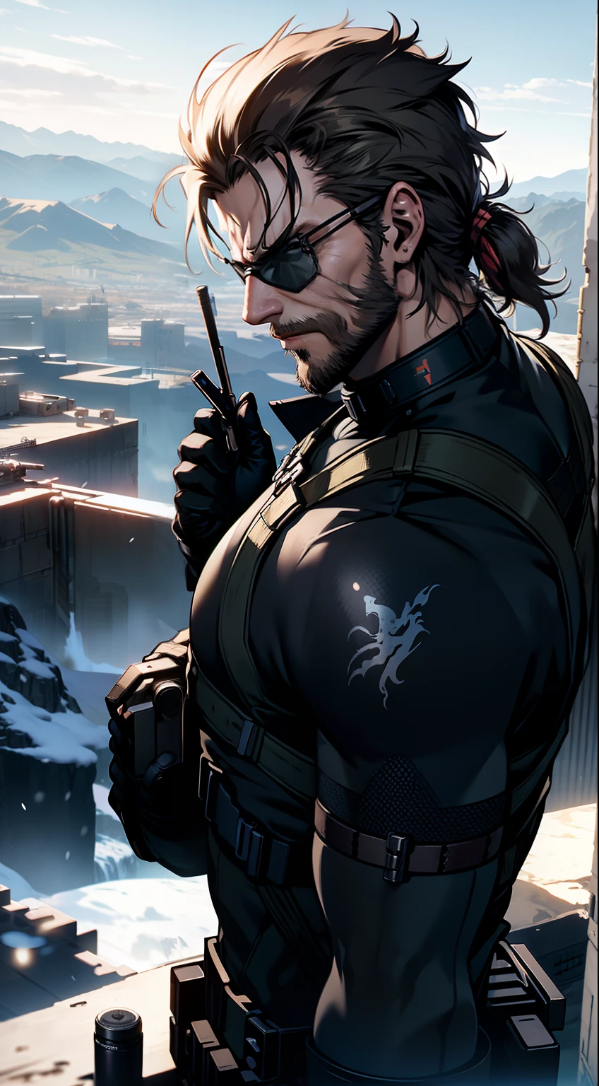 (masterpiece,8k), Venom snake(metal gear solid five), on a mountain cliff, snow, camera behind