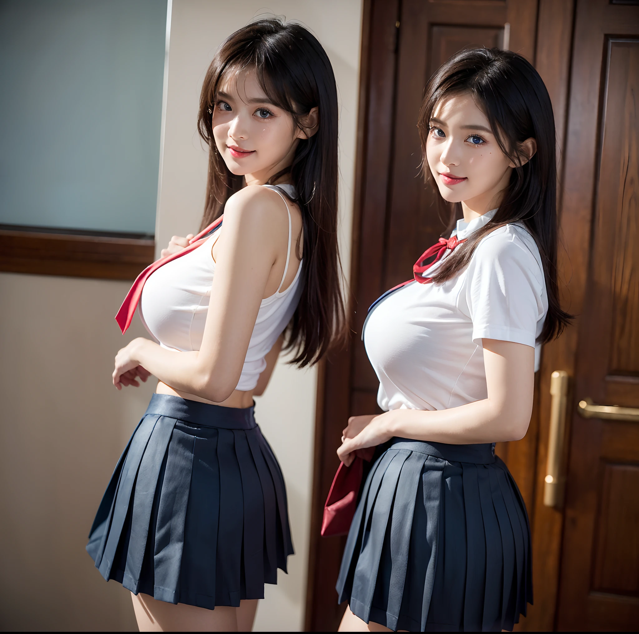top-quality, 4K, masterpiece, (Professional lighting without shadows), A hyper-realistic, (perfect anatomia), Two girls, (Proudly stand in front of the camera、With a girl showing off a ribbon tie, Another girl on the other side bends over、I'm sticking my butt out towards the camera), ( with perfect body、Huge breasts:1.2), Bright and even whitening skin without wrinkles and steps, (bright beautiful blue eyes with long eyelashes and red tear bags、Reflects a lot of light:1.2)、 Half-up hair with bangs, (Her outfit is、Dress up tight fit cramped schoolgirl uniform with super short super mini pleated skirt:1.2), (The intricate design around the neck and the crimson ribbon tie、Looks proudly from the front), (Another girl on the other side、To beautifully emphasize the proud ultra mini pleated skirt、Showing off a pose with half of her buttocks exposed from directly behind:1.3), (Beautiful face squinting in dazzling light:1.2), (ssmile), (Plump red teardrop bag:1.2),