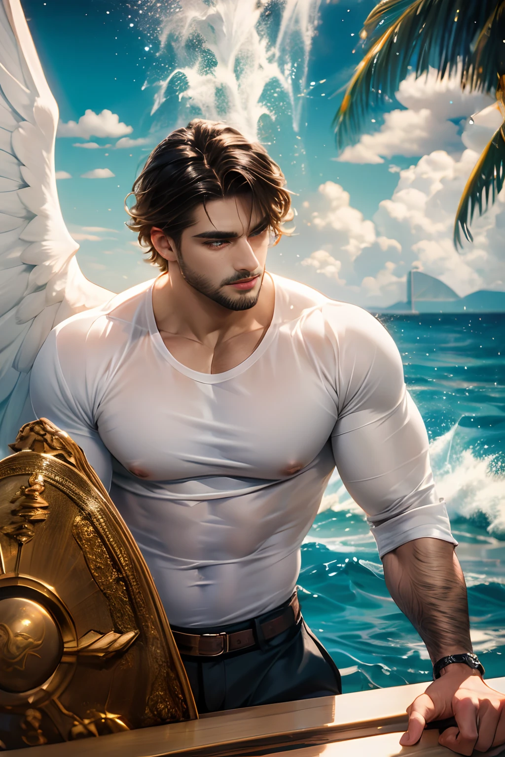 1 man, alone, handsome young, Latin mulatto skin, attractive features, tan tone skin, dark blue eyes, friendly expression, huge white wings coming out of his back, 2 angel wings, physical fitness, medium man haircut long, black brown hairstyle, small beard, casual clothing, urban outfit, red suit, full body tattoos. emotion: waving, setting: aboard a ship at sea
