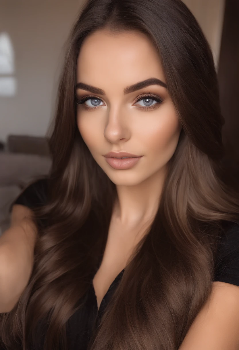 arafed brunette woman with black clothes, sexy girl with brown eyes, portrait sophie mudd, brown hair and large eyes, selfie of a young woman, bedroom eyes, violet myers, without makeup, natural makeup, looking directly at the camera, face with artgram, subtle makeup, stunning full body shot, in bedroom, cleavage