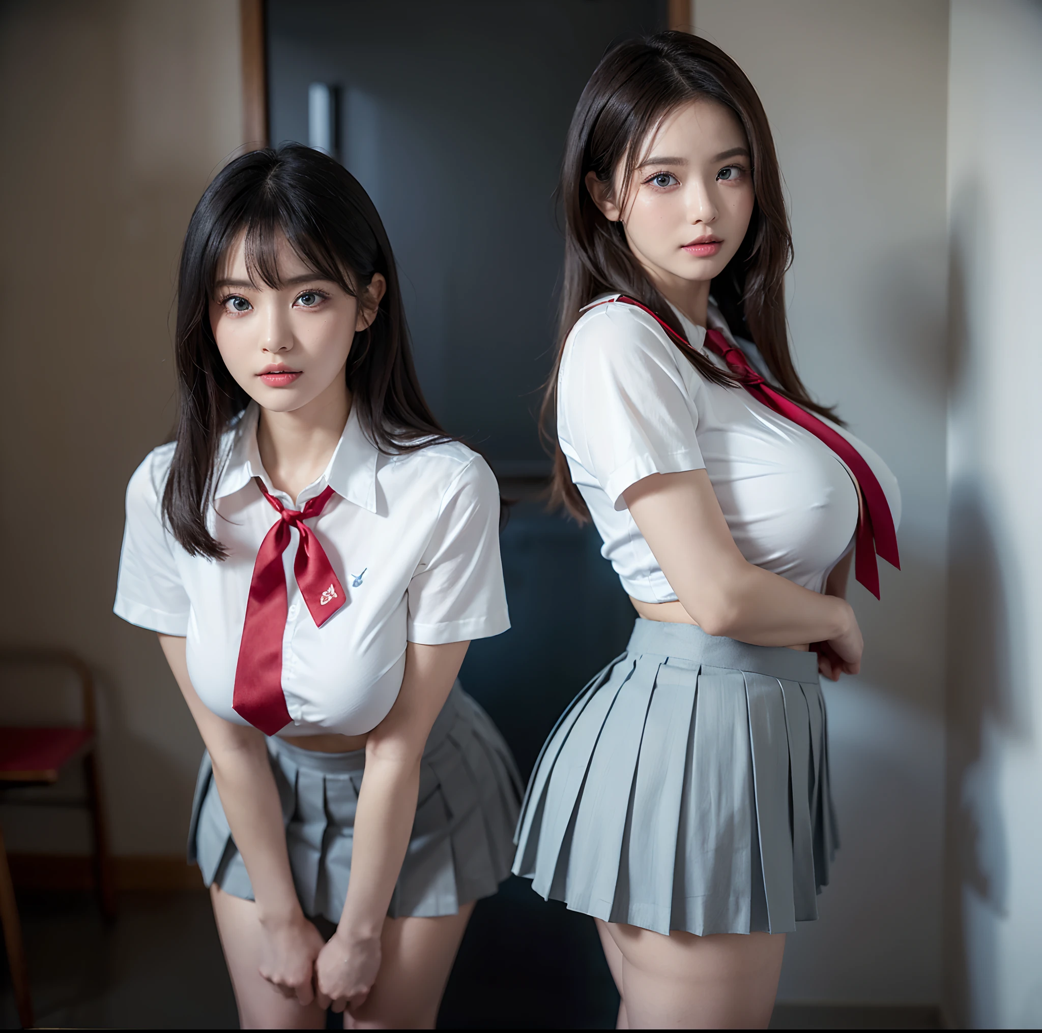 top-quality, 4K, ​masterpiece, (Professional lighting without shadows), A hyper-realistic, (perfect anatomia), Two girls, (Proudly stand in front of the camera、With a girl showing off a ribbon tie, Another girl on the other side bends over、I'm sticking my butt out towards the camera), ( with perfect body、Huge breasts:1.2), Bright and even whitening skin without wrinkles and steps, (bright beautiful blue eyes with long eyelashes and red tear bags、Reflects a lot of light:1.2)、 Half-up hair with bangs, (Her outfit is、Dress up tight fit cramped schoolgirl uniform with super short super mini pleated skirt:1.2), (The intricate design around the neck and the crimson ribbon tie、Looks proudly from the front), (Another girl on the other side、To beautifully emphasize the proud ultra mini pleated skirt、Showing off a pose with half of her buttocks exposed from directly behind:1.3), (Beautiful face squinting in dazzling light:1.2), (ssmile), (Plump red teardrop bag:1.2),