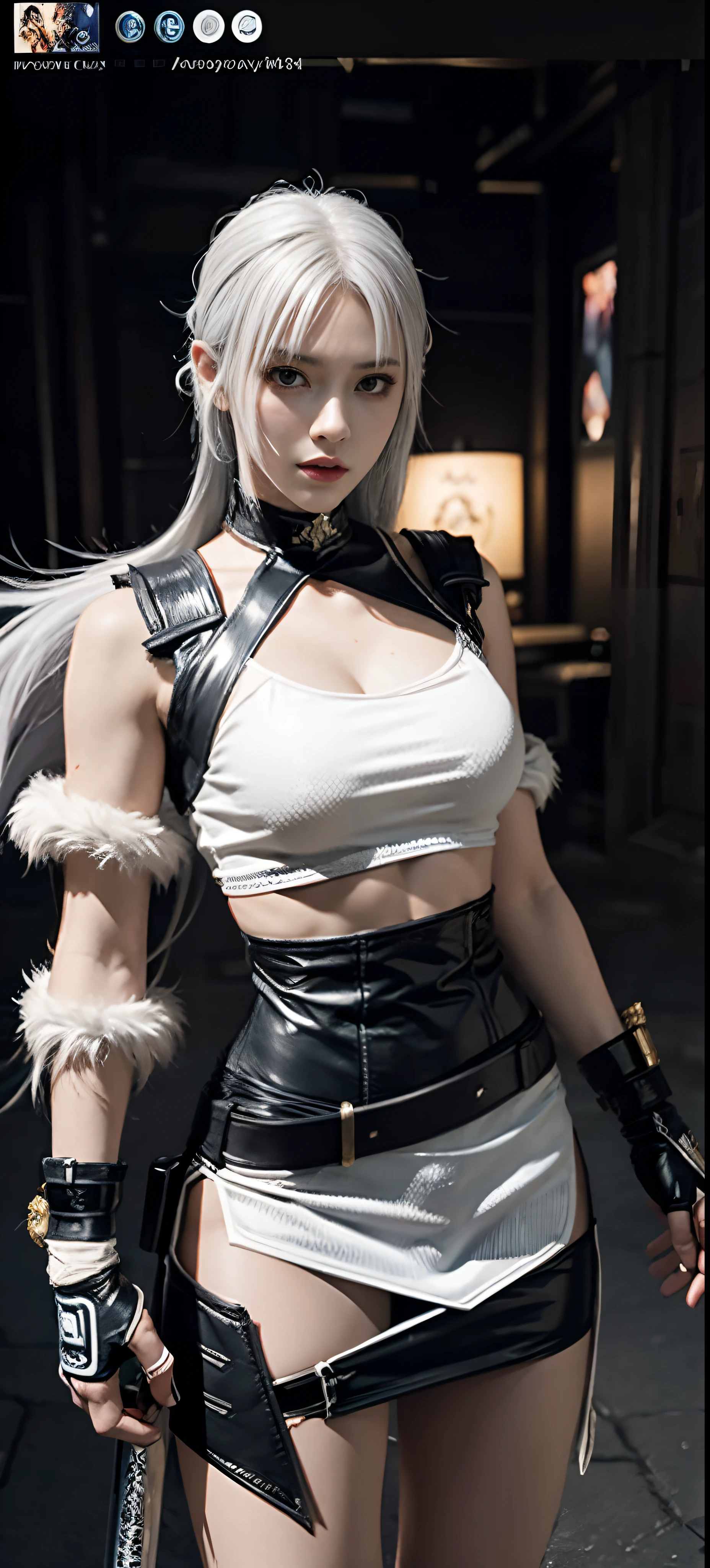 a close up of a person in a costume with a sword, as a character in tekken, female character, tifa lockhart with white hair, katana zero video game character, lunar themed attire, kda, slim body, cyborg - girl with silver hair, upper body avatar, fashion gameplay screenshot, fighting game character, new character, floralpunk elysian maiden, sigma female