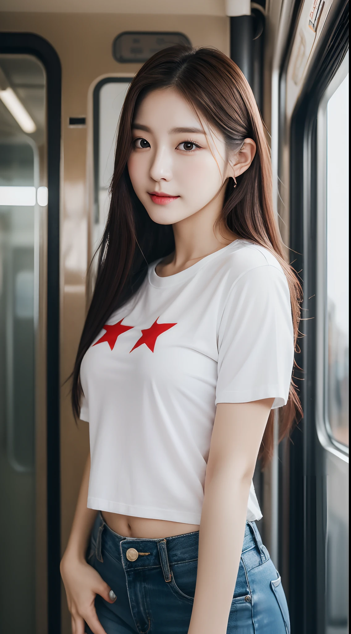 Realistic photos of (1 cute Korean star) thin makeup, slightly smile, 32 inch breasts size, wearing t-shirt, pants, standing at the train station, sunset light, close-up, UHD