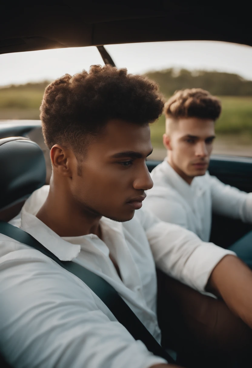 Front view of two young men in a moving car, one is driving and the other is sitting in the passenger seat. White car preferrably.