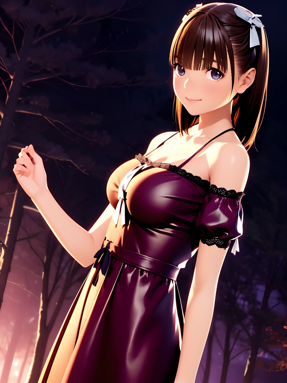 hight resolution,8K,Best Quality,detaileds,semi - realistic anime,Anime 3D Style,Smooth Anime CG,1 girl in,20 year old woman in Japan,slim,modeled,shiny chestnut hair,Medium Hair,Detailed face,Beautiful and detailed eyes,Glowing skin,(Halloween,Witch Cosplay),autumnal,natta, (Forest of dead trees), (Obake),(Halloween,horor), (dynamicposes:0.8),Hard Focus、film grains,Soft lighting,the wind,looking at the viewers,A smile,Angle from the side