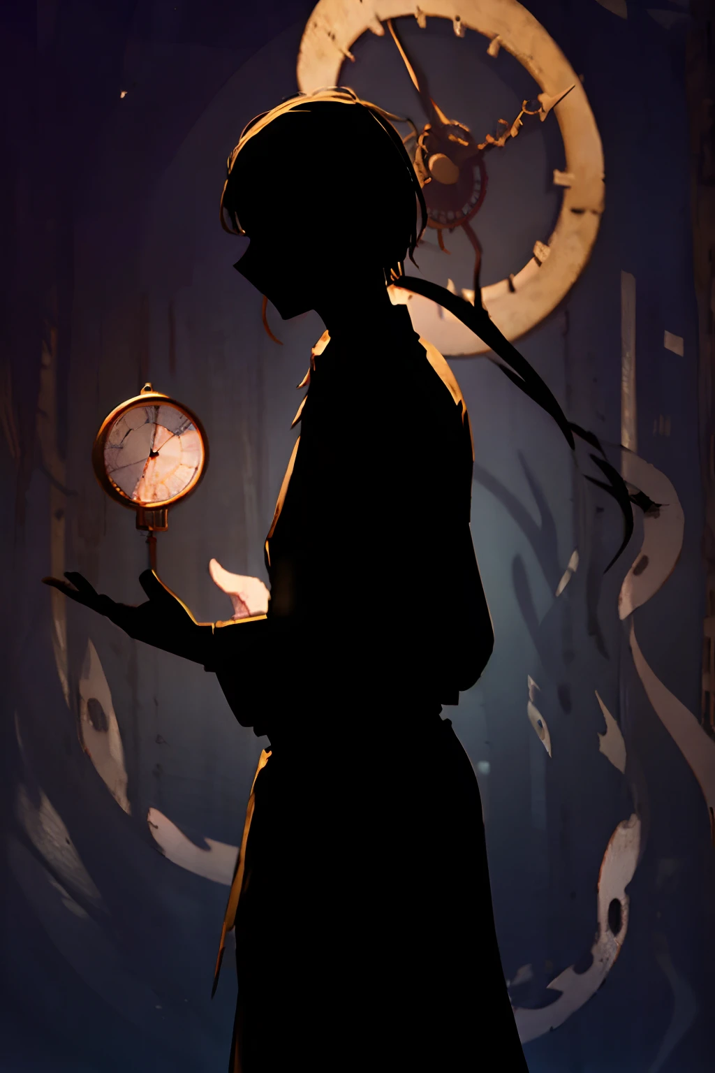 (a silhouette of a man holding a pocket watch, surrounded by snakes and a strange atmosphere), drawing, detailed eyes, detailed lips, extremely detailed eyes and face, long eyelashes, dark and mysterious background, surreal style, vibrant colors, lighting realistic, best quality, high resolution, mysterious atmosphere, snakeskin texture, tormented mood, intricate details, hauntingly beautiful composition, masterful brush strokes, atmospheric lighting, fascinating concept art, intricate clock mechanism, enigmatic shadows, high contrast, surreal shadows, mystical atmosphere