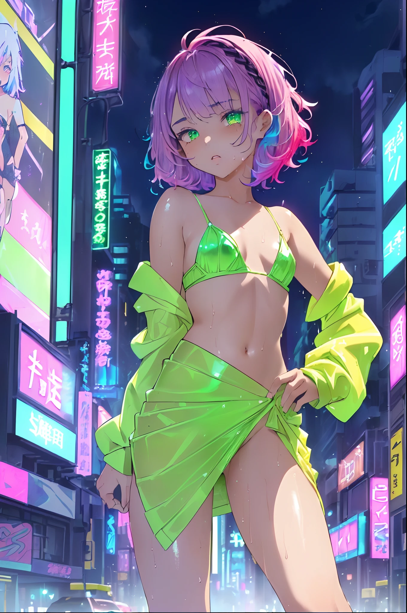 1 girl (short bangs, green color, with bright green inner colors in her hair), (this girl stands from the angle behind the viewer and shows her hips, she is a shapely and beautiful girl) (she has a very cute bikini) with black color and purple shadows revealed in the light (in front of tall buildings and towers, full of advertising signs, at night, with excellent quality) (looks very tempting at the viewer, and becomes sensual) (physical) It is absolutely beautiful and well-shaped and stunning (very high image quality and 4k) (thin and beautiful) (to be drawn from a close distance of the character) (girl, half-naked)cute cartoon little loli,(((little loli,small tiny body,petite))),(((6 years old))),((extremely cute cartoon girl with liquid paint hair)),
(((flat chest))),(((short hair,liquid paint hair:1.1,neon purple hair|neon pink hair|neon blue hair|neon aqua hair|purple hair|fuchsia hair|fluorescent blue hair|amethyst hair|neon hair|bright pink hair :1.5,bright hair: 1.3,hair made of paint and defies gravity,thick flowing,paint splatter:1.3,shiny hair: 1.3,vibrant colored hair))),((((heterochromia:1.5,eye1 purple,eye2 pink))),intricate eyes,beautiful detailed eyes,symmetrical eyes,big eyes:1.5,((fat)),(((lustrous skin:1.5,bright skin: 1.5,skin tanned,shiny skin,very shiny skin,shiny body,plastic glitter skin,exaggerated shiny skin,illuminated skin,wet legs))),(delicate detailed fingers,detailed body,human hands),
cute,slutty,seductive,erotic,(((nsfw))),
revealing clothing,show skin,(wearing a Neon color theme clothing:1.3,micro clothes,fluorescent and neon clothing,rave fashion,micro crop top,micro skirt,visible thong straps,accessories LED),((wet clothes,intricate outfit,intricate clothes)),
(dynamic pose:1.0),solo focus,embarrassed,(centered,scale to fit dimensions,Rule of thirds),
cyberpunk city by the ocean at night, with bright neon signs and dark stormy clouds and puddles, scenery:1.25,
highres, sharp focus, (ultra detailed, extremely detailed), (ph