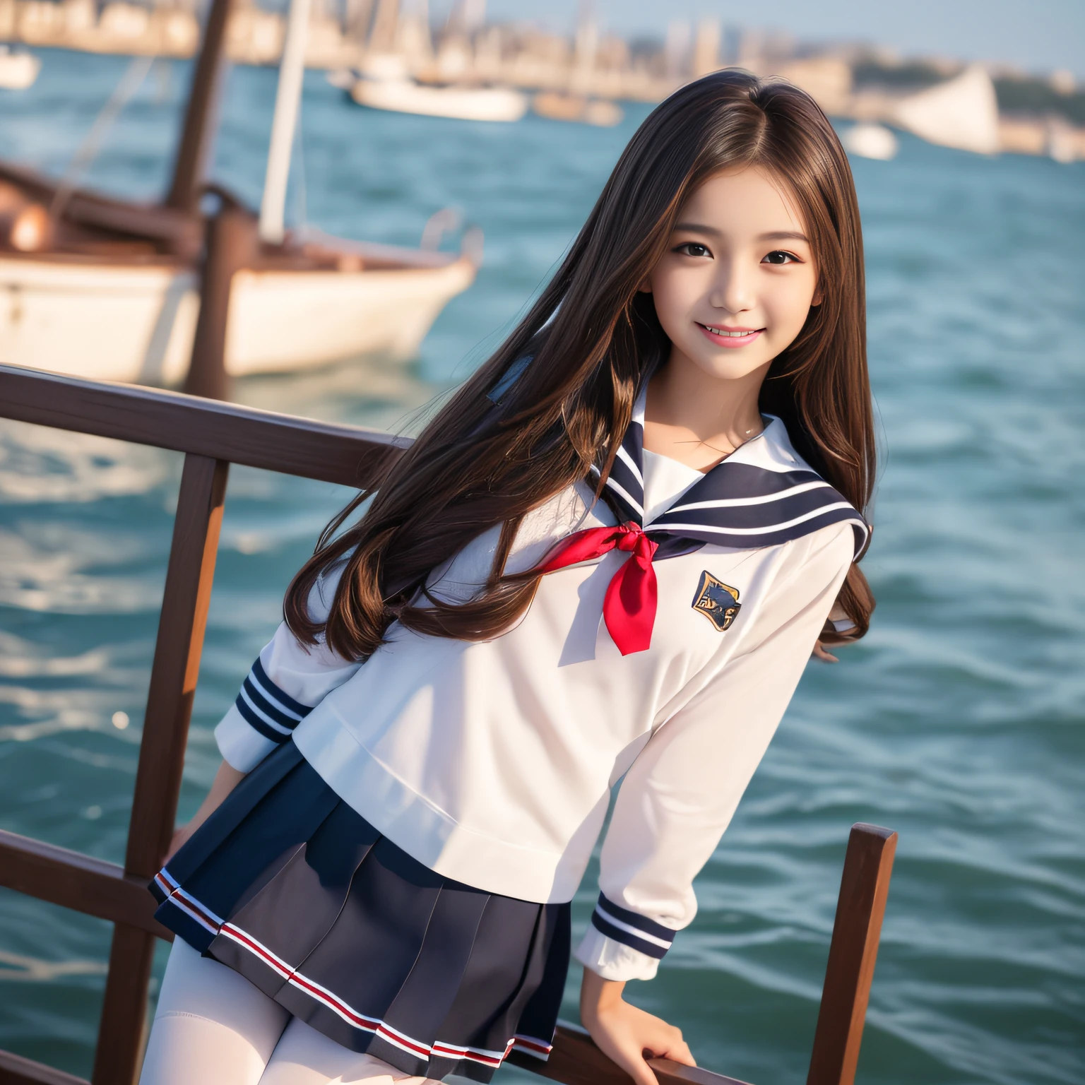 (8K、Raw photography、top-quality、masterpiece:1.2)、(realisitic、Photorealsitic:1.37)、ultra-detailliert、超A high resolution、女の子1人、((beautifull detailed face、The golden ratio is oriented left and right、well-balanced eyes、二重まぶた,lipgloss))、Beautiful detailed skin、Skin Texture、Professional Lighting、(Very beautiful girl)、(Long chestnut hair with webbed)、(a sailor suit、pleatedskirt)、Black pantyhose、Happy smile、View photographer、
