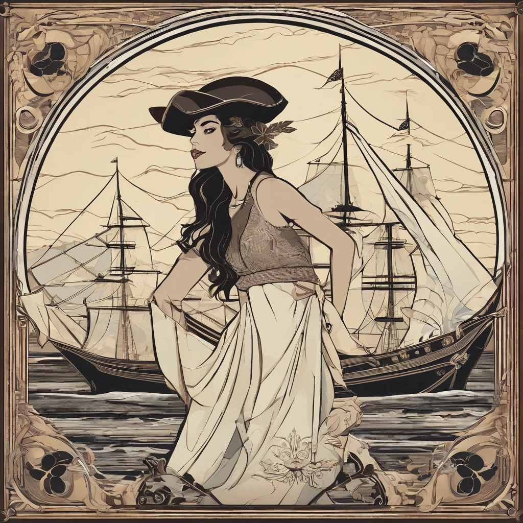 Illustration of a young woman balancing on the bow of a pirate ship. She is happy, beautiful and young, with long black hair tied up and practical clothes. Next to her is a young man with dark gray skin, muscular, with a hatchet attached to his belt. Both seem to get along well, and in the background land is approaching.