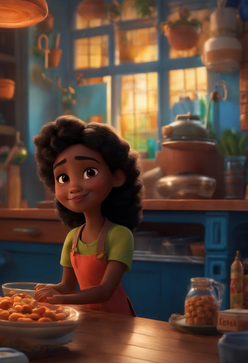 Um filme inspirado na Disney Pixar (MENINA NEGRA JOVEM COM CABELO LONGO CACHEADO PRETO) dentro A cena estar na arte distinta do estilo PIXAR, descolada e estilosa
