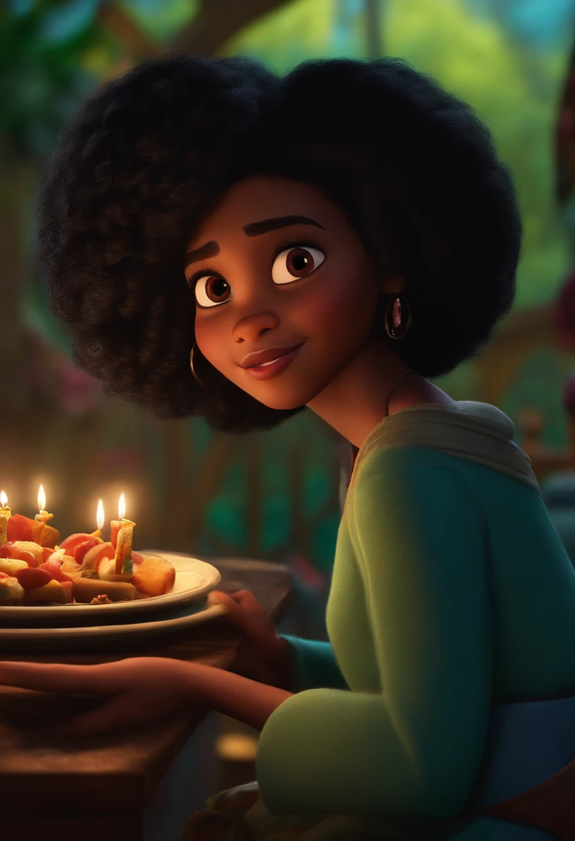 Um filme inspirado na Disney Pixar (MENINA NEGRA JOVEM COM CABELO LONGO CACHEADO PRETO) dentro A cena estar na arte distinta do estilo PIXAR, descolada e estilosa