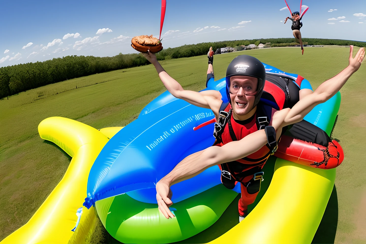 Naked man skydiving on an inflatable lobster while holding a pie and bag of beans