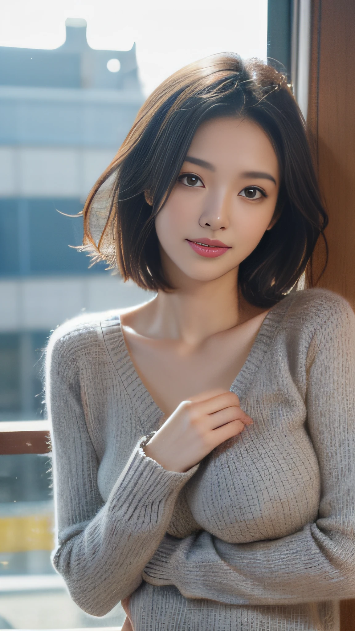 masutepiece, Best Quality, Photorealsitic, finely detail, hight resolution, 8K Wallpapers, Perfect dynamic composition, Beautiful detailed eyes, Medium Hair, large full breasts, Random and sexy poses,Random situations、(Tight gray knitwear)、(Breast bulge 1.2)、A smile、Urban landscape、25-years old、(Drooping eyes 1.3)、Adult beauty、japanes、Lifting a gray knit with both hands、