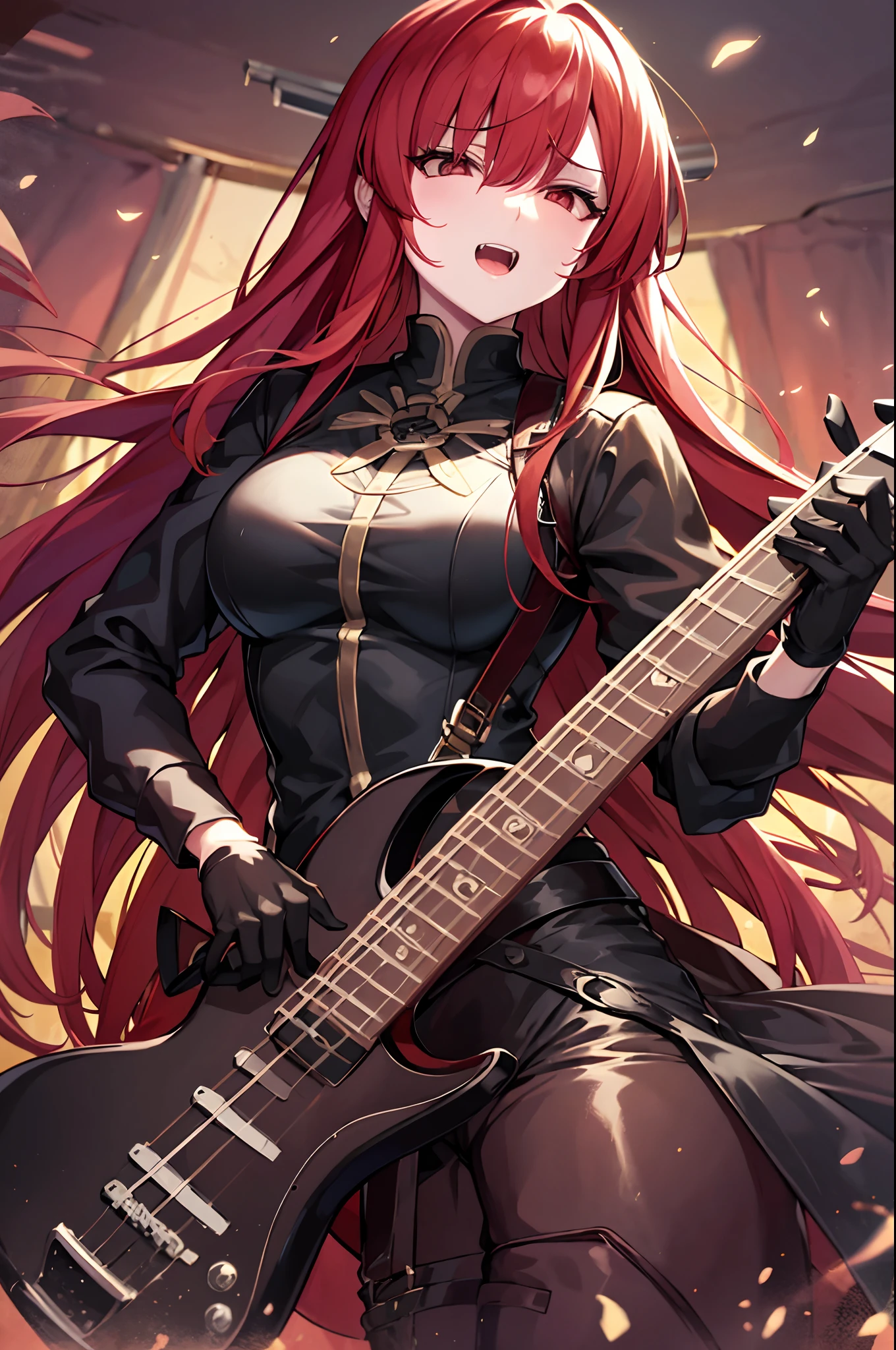 mulher, red hair, Cabelos Longos, anime, seios, Olhos vermelhos, Comics, sozinho, cabelo sobre um olho, cabo, Rockeira, franja, seios grandes, sorrir, tocando baixo eletrico, Electric bass instrument in your hands, electric bass, baixo eletrico completo de 4 cordas, os dedos dela  (Playing electric bass, Have an electric bass, 4 cordas), foto de corpo inteiro.