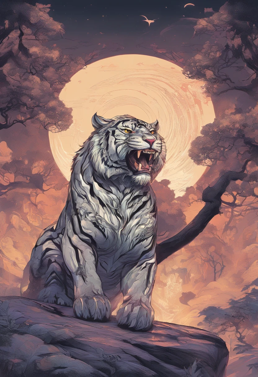 China-style,mitologia chinesa,O Tigre Branco,rugido,feroz,Gigantesco,Os olhos brilham vermelhos,efeitos de brilho,Altas Colinas,Neblina de nuvens,a noite,中景 the scene is,Corpo inteiro como, VFX surreal altamente detalhado,oc renderizado, - AR 16:9 --q 2 --s 1000