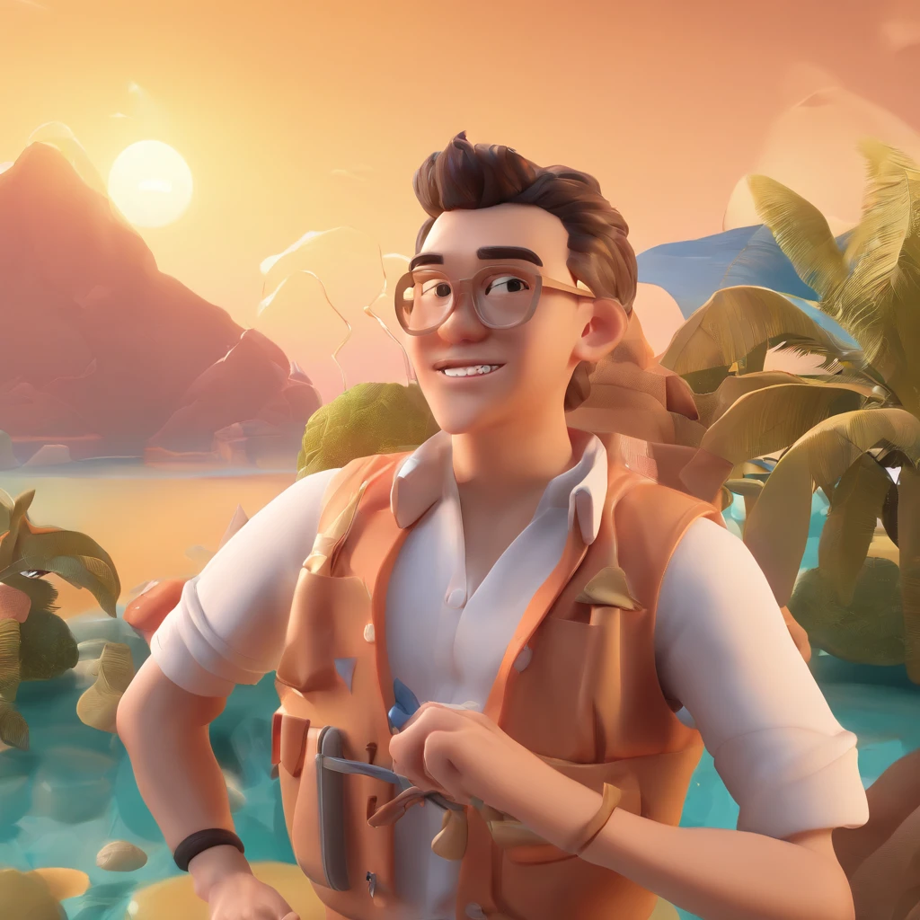 Bubble Mart,male people,Southeast Asia,Bright eyes, fisherman,Light brown skin,Cute , Clay, Models, a blind box toy, Glossy and delicate,Mountain and sea background, Good gloss, 3D rendering of,Best quality