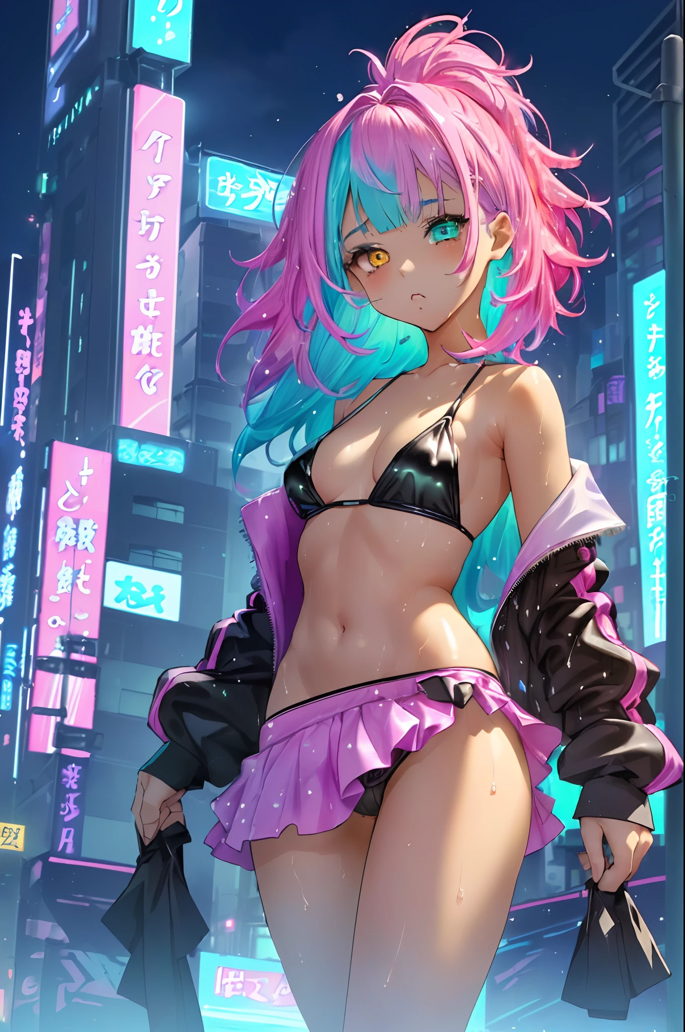 1 girl (short bangs, green color, with bright green inner colors in her hair), (this girl stands from the angle behind the viewer and shows her hips, she is a shapely and beautiful girl) (she has a very cute bikini) with black color and purple shadows revealed in the light (in front of tall buildings and towers, full of advertising signs, at night, with excellent quality) (looks very tempting at the viewer, and becomes sensual) (physical) It is absolutely beautiful and well-shaped and stunning (very high image quality and 4k) (thin and beautiful) (to be drawn from a close distance of the character) (girl, half-naked)cute cartoon little loli,(((little loli,small tiny body,petite))),(((6 ))),((extremely cute cartoon girl with liquid paint hair)),
(((flat chest))),(((short hair,liquid paint hair:1.1,neon purple hair|neon pink hair|neon blue hair|neon aqua hair|purple hair|fuchsia hair|fluorescent blue hair|amethyst hair|neon hair|bright pink hair :1.5,bright hair: 1.3,hair made of paint and defies gravity,thick flowing,paint splatter:1.3,shiny hair: 1.3,vibrant colored hair))),((((heterochromia:1.5,eye1 purple,eye2 pink))),intricate eyes,beautiful detailed eyes,symmetrical eyes,big eyes:1.5,((fat)),(((lustrous skin:1.5,bright skin: 1.5,skin tanned,shiny skin,very shiny skin,shiny body,plastic glitter skin,exaggerated shiny skin,illuminated skin,wet legs))),(delicate detailed fingers,detailed body,human hands),
cute,slutty,seductive,erotic,(((nsfw))),
revealing clothing,show skin,(wearing a Neon color theme clothing:1.3,micro clothes,fluorescent and neon clothing,rave fashion,micro crop top,micro skirt,visible thong straps,accessories LED),((wet clothes,intricate outfit,intricate clothes)),
(dynamic pose:1.0),solo focus,embarrassed,(centered,scale to fit dimensions,Rule of thirds),
cyberpunk city by the ocean at night, with bright neon signs and dark stormy clouds and puddles, scenery:1.25,
highres, sharp focus, (ultra detailed, extremely detailed), (ph