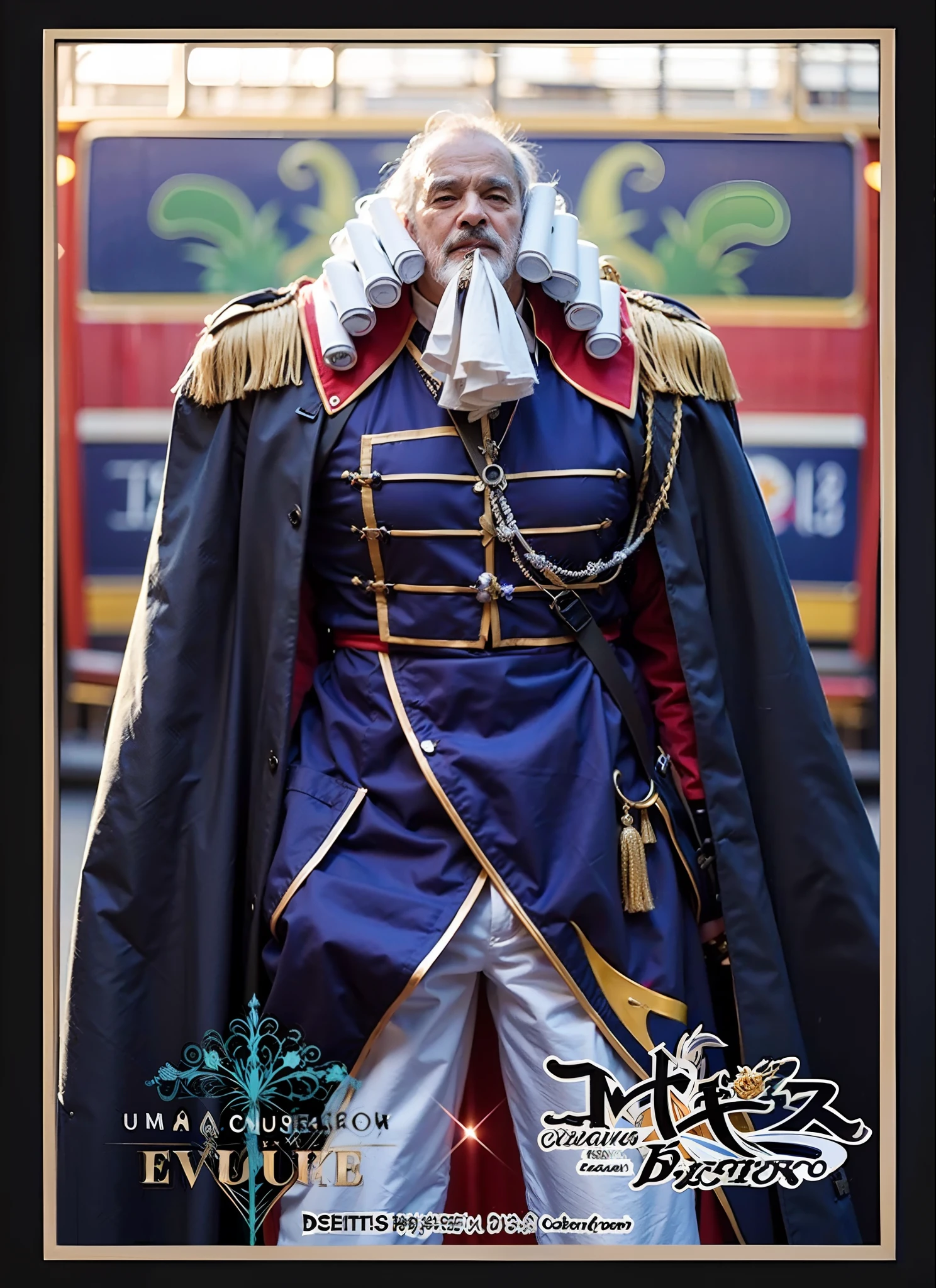 uma personagem masculino, com ideda de 55 anos, cabelos brancos estilo perucas medievais, uma capa preta com ombreiras douradas, terno azul com detalhes dourados, white pant