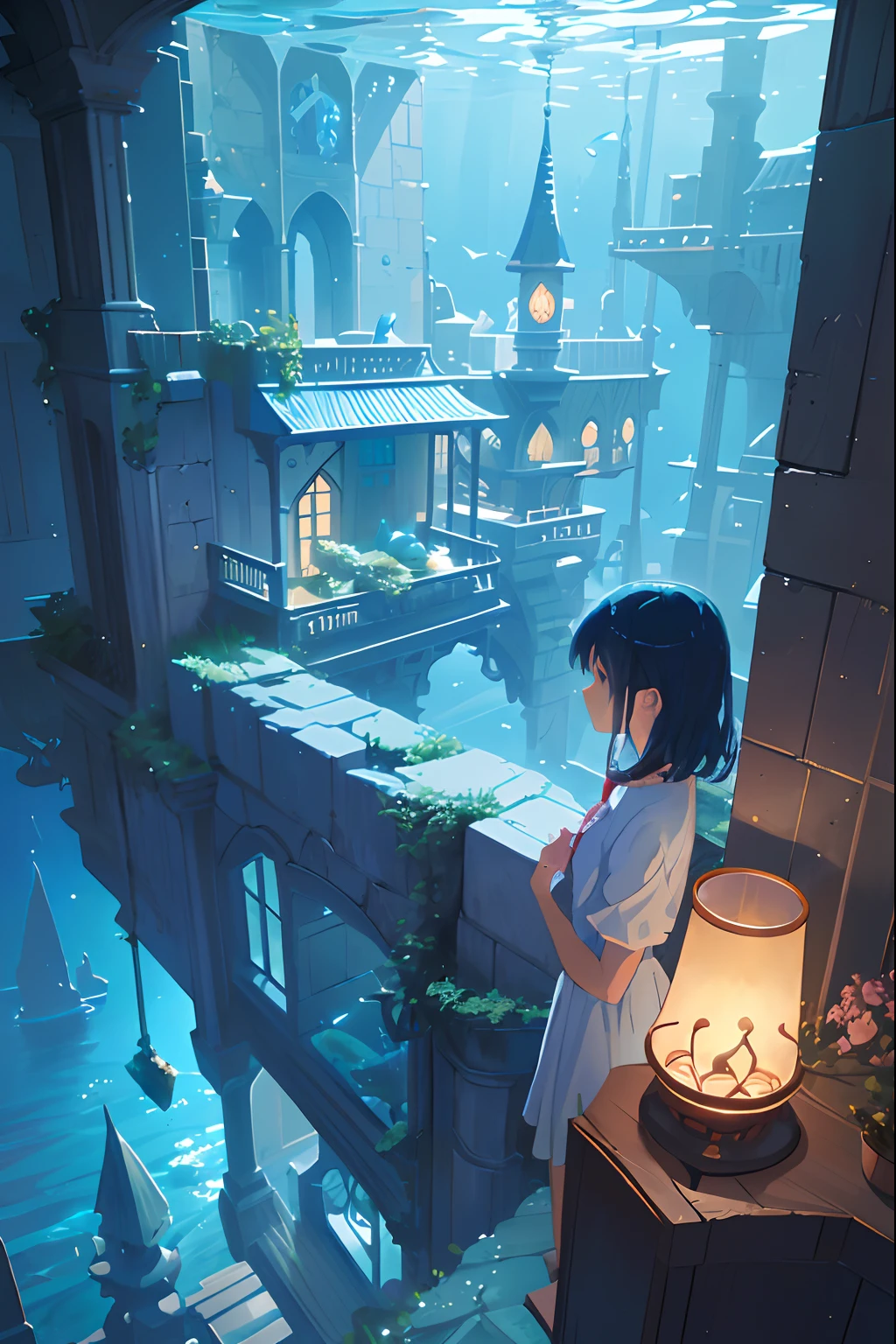 Create exquisite illustrations reminiscent of Makoto Shinkai's style, It has ultra-fine details and top-notch quality. Create an enchanting illustration featuring a fantastical house standing beneath the sea, its warm glow illuminating the ocean floor with a nostalgic light. Inside the house, a young girl with a sense of wonder in her eyes gazes at the mesmerizing underwater world surrounding her. The house's windows reveal the vibrant marine life, colorful corals, and magical creatures that inhabit the depths, all captured in intricate detail. The image should evoke a sense of both innocence and curiosity as the young girl explores the enchanting underwater realm.