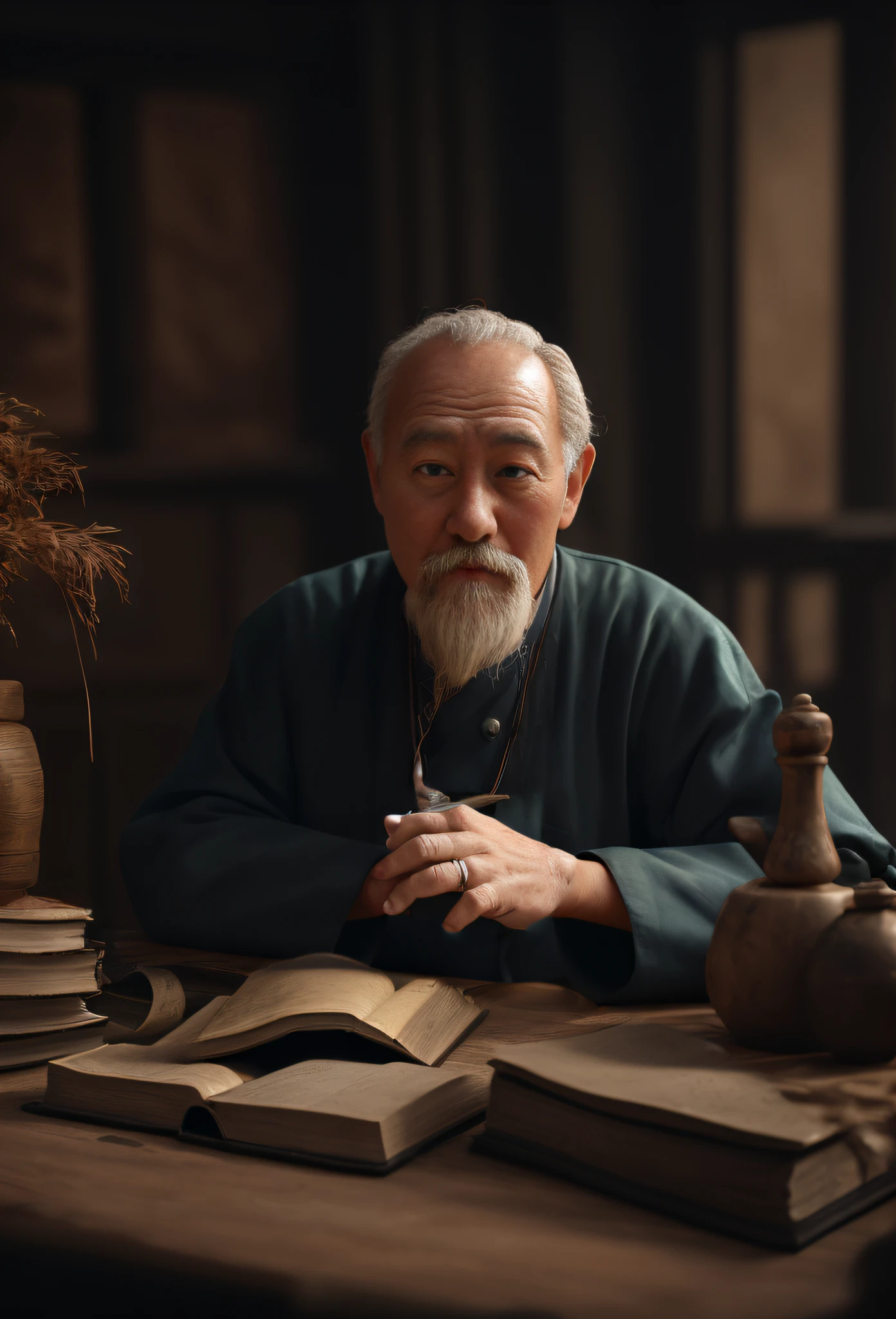 Create an old Chinese man holding a book in his hand. Pintura.