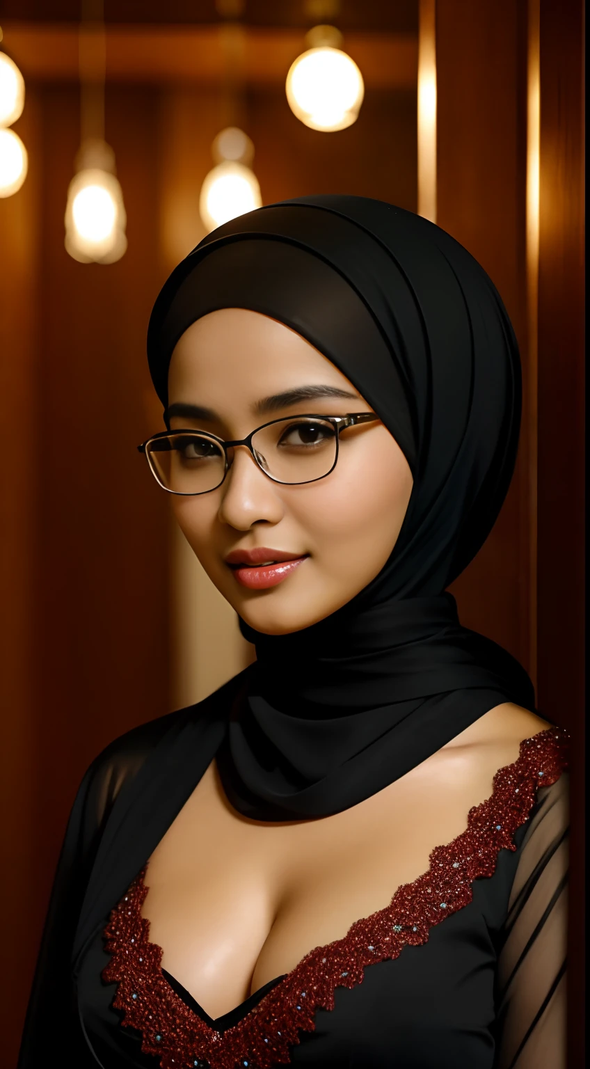 (iu:0.8),cleavage, RAW, Best quality, high resolution, Masterpiece: 1.3, Beautiful glasses (((hijabi))) javanese girl wearing bdsm night, Masterpiece, Soft smile