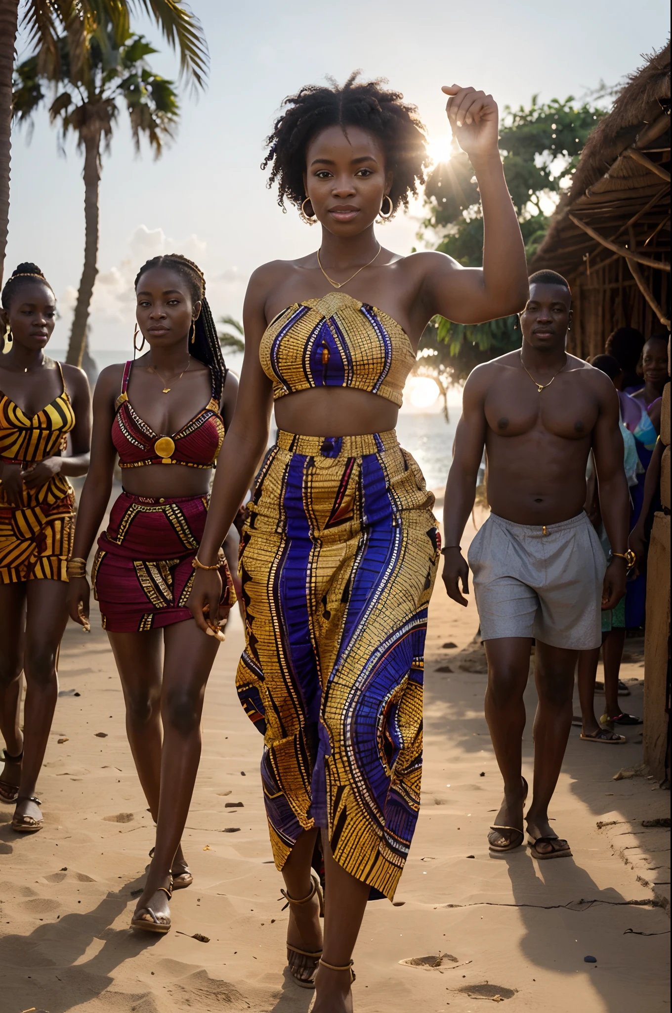 African woman dressed in african designed clothes, walking on an African island full of African designed sculptures, taking a selfie, African island full of African people having fun with drinks and eats, sunrise in the background shining, with beautiful iridescent light, artgerm style, 32k, ultra HD, unreal engine rendered, hyper-realistic image