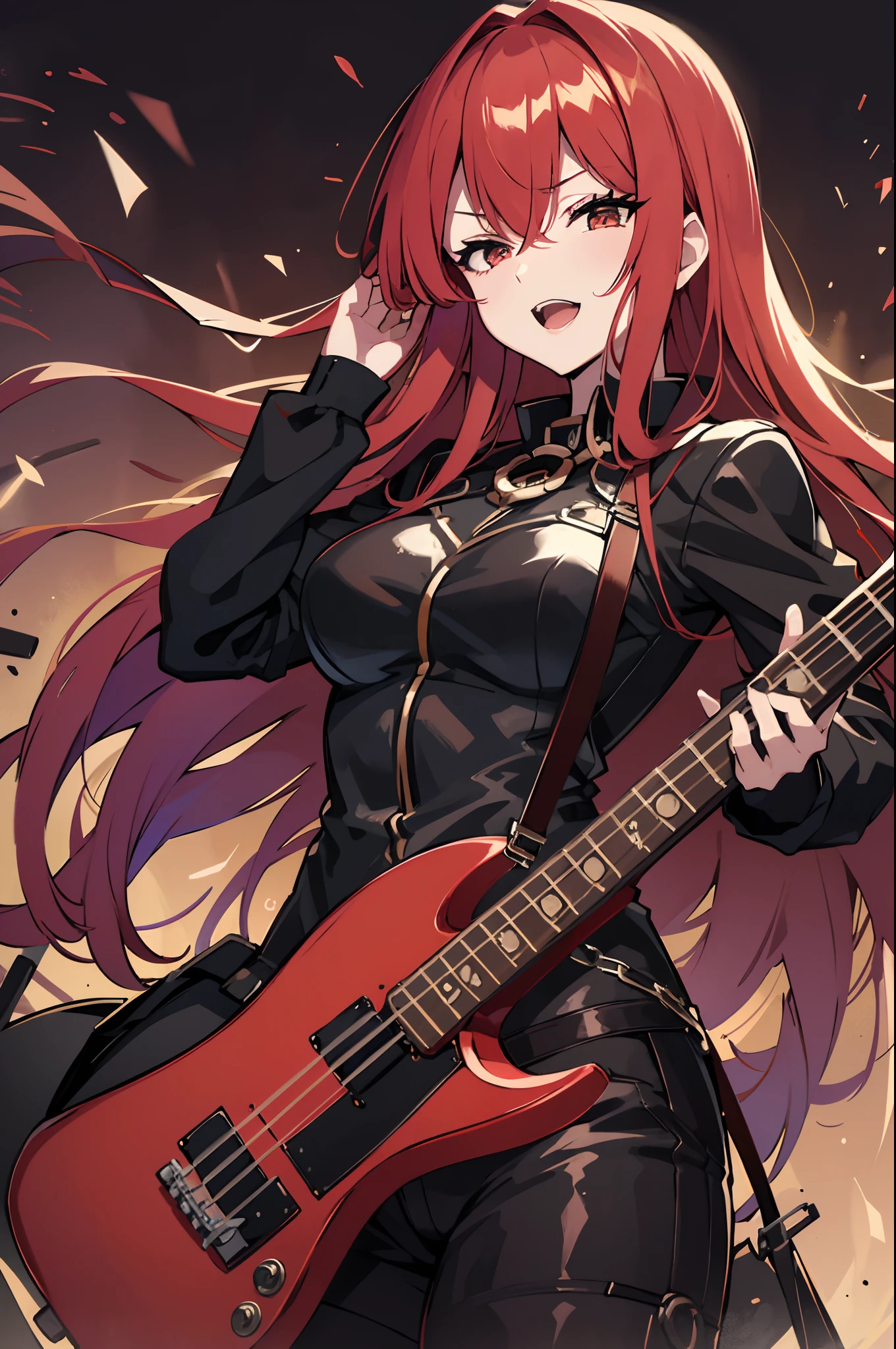 mulher, red hair, Cabelos Longos, anime, seios, Olhos vermelhos, Comics, sozinho, cabelo sobre um olho, cabo, Rockeira, franja, seios grandes, sorrir, tocando baixo eletrico, Electric bass instrument in your hands, electric bass, baixo eletrico completo de 4 cordas, os dedos dela  (Playing electric bass, Have an electric bass, 4 cordas), foto de corpo inteiro.