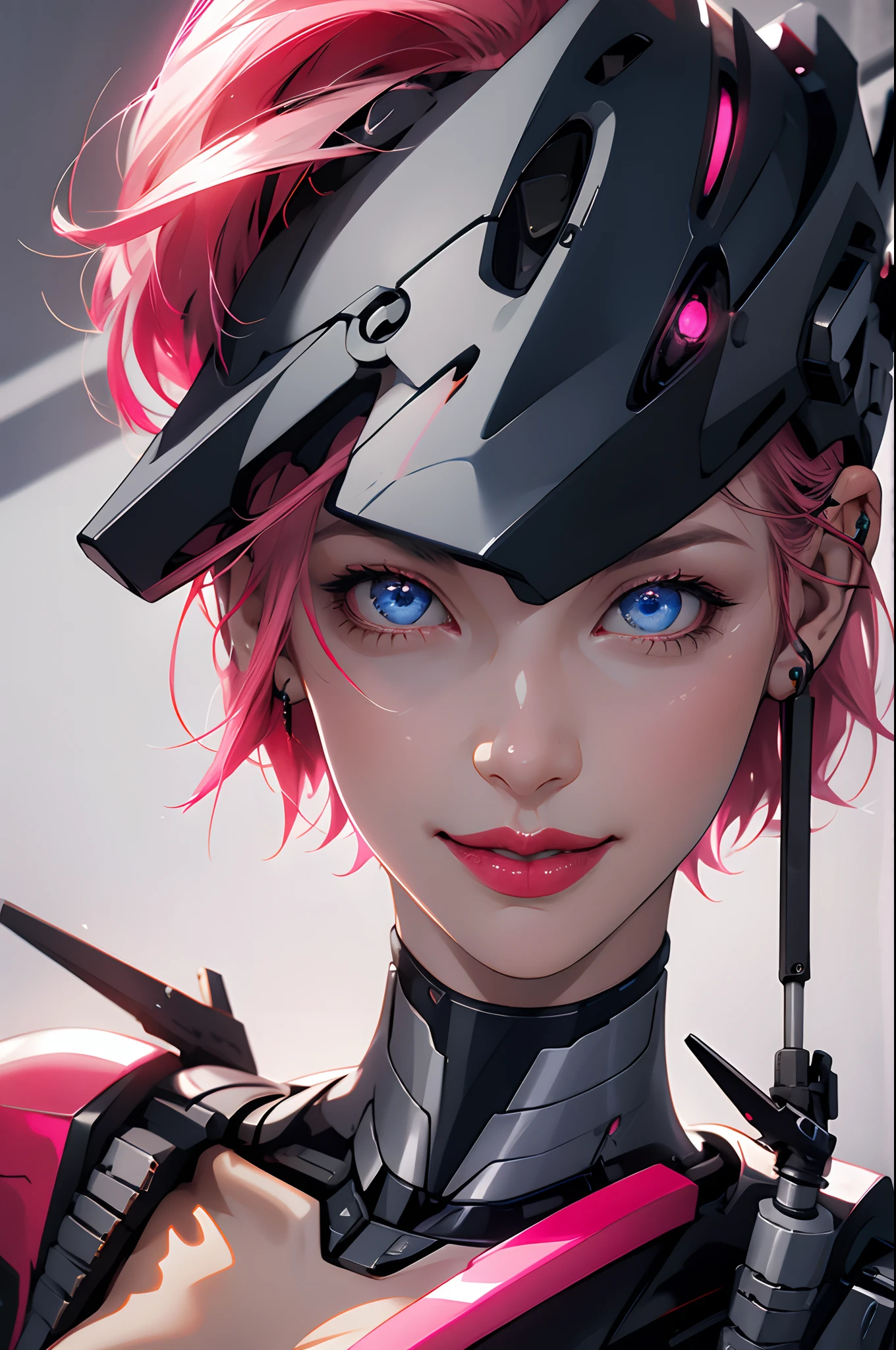 adult girl, Short pink hair, Blue eyes, Large breasts, Red lipstick, fake smile, Grey plug set, Cyborg, Masterpiece, hiquality, 4K, HD, good detail
