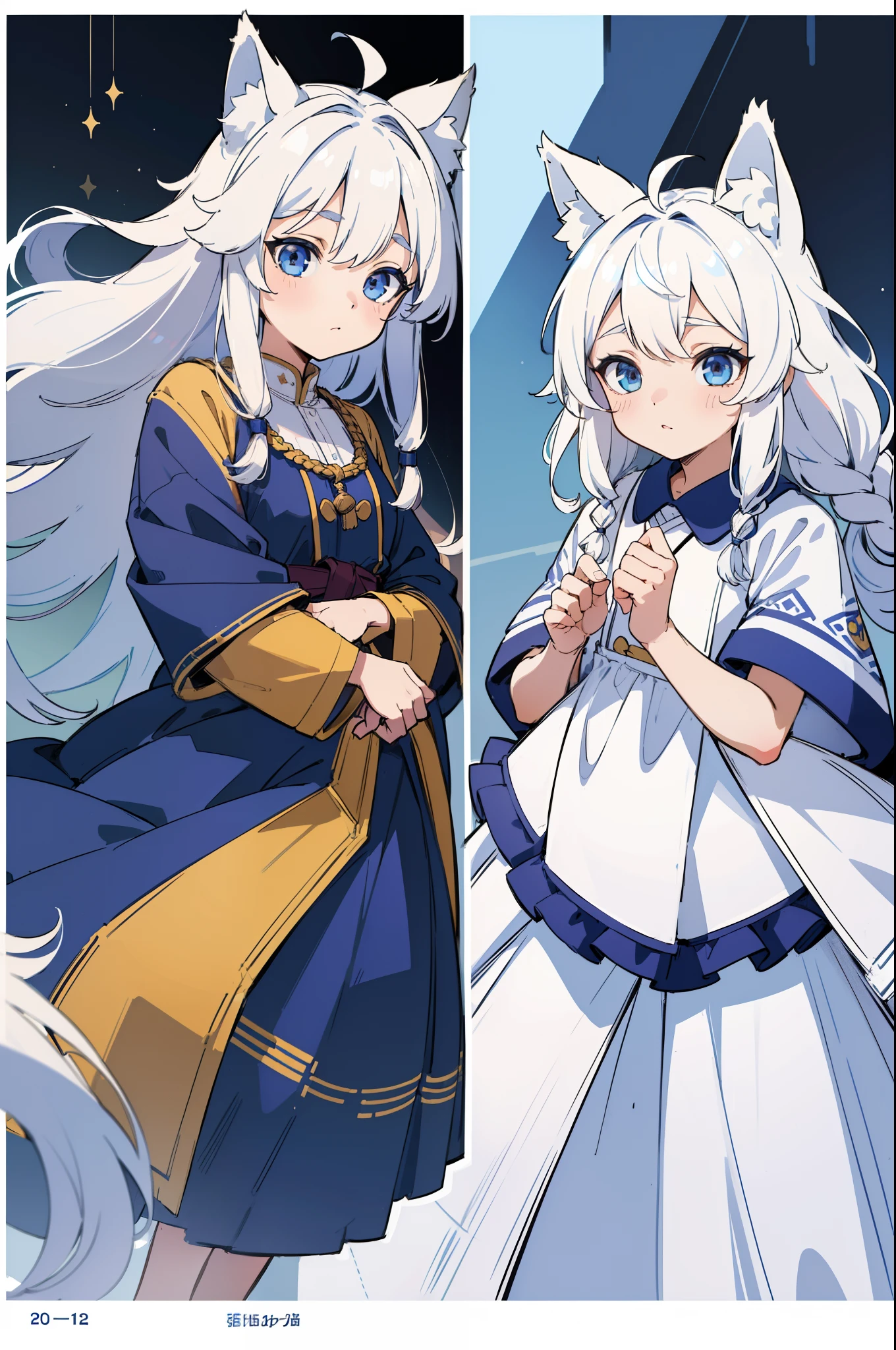 ((Masterpiece, Highest quality)), Detailed face, charact, full bodyesbian, 1 juvenile,children's,Babe, Blue eyes, White hair, long whitr hair, Messy hair, Soft and fluffy hair,Twist braids, Wolf ears,hair between eye,Tibetan costumes,Plush collar,Full of details, Multiple poses and expressions, Highly detailed,Blue and white composition
