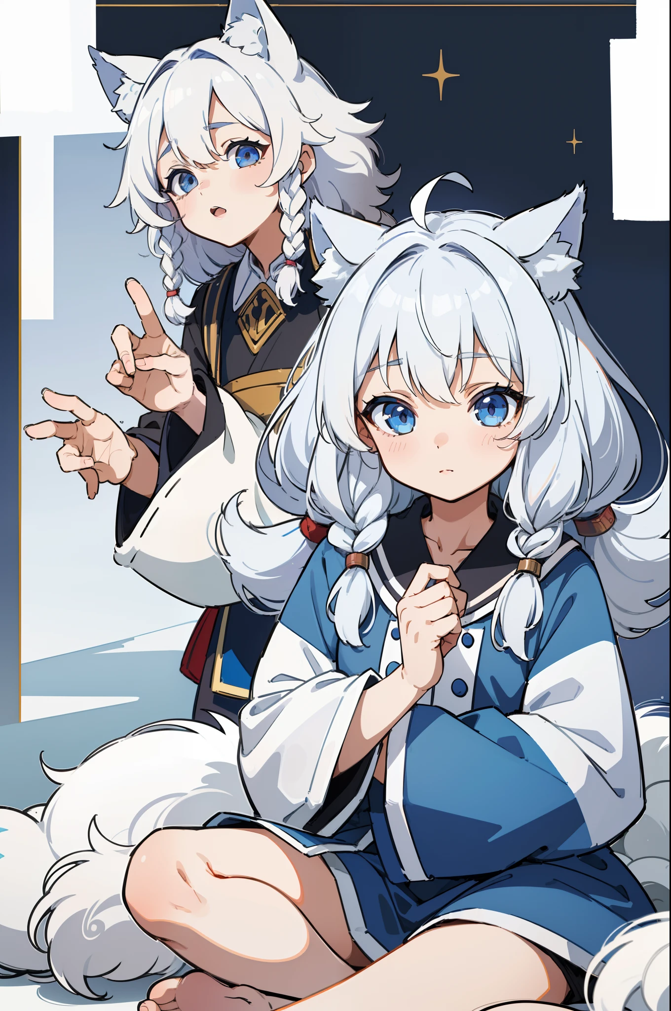 ((Masterpiece, Highest quality)), Detailed face, charact, full bodyesbian, 1 juvenile,'s,Babe, Blue eyes, White hair, long whitr hair, Messy hair, Soft and fluffy hair,Twist braids, Wolf ears,hair between eye,Tibetan costumes,Plush collar,Full of details, Multiple poses and expressions, Highly detailed,Blue and white composition