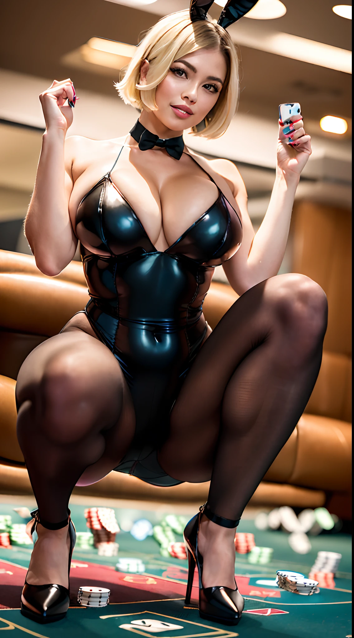 (8K、超A high resolution、The ultra -The high-definition、An ultra-high picture quality、Ultrarealistic、Best Quality、masuter piece)(Black Enamel Bunny Girl Costume:1.2)(quite massive chest、Pretty 、toned body、Stand on tiptoe with your feet wide open to the side、Squat with knees bent to the side:1.28)(An American woman、Extraordinary beauty、Blonde Short Bob:1.2)Super cutVegas Casinos:1.1)high-heels