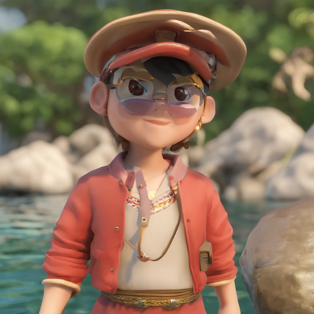 Bubble Mart,male people,East Asian Islanders,Chinese big breasts,Bright eyes, Traditional fishermen,Light brown skin,Cute , Clay, Models, a blind box toy, Glossy and delicate,Mountain and sea background, Good gloss, 3D rendering of,Best quality