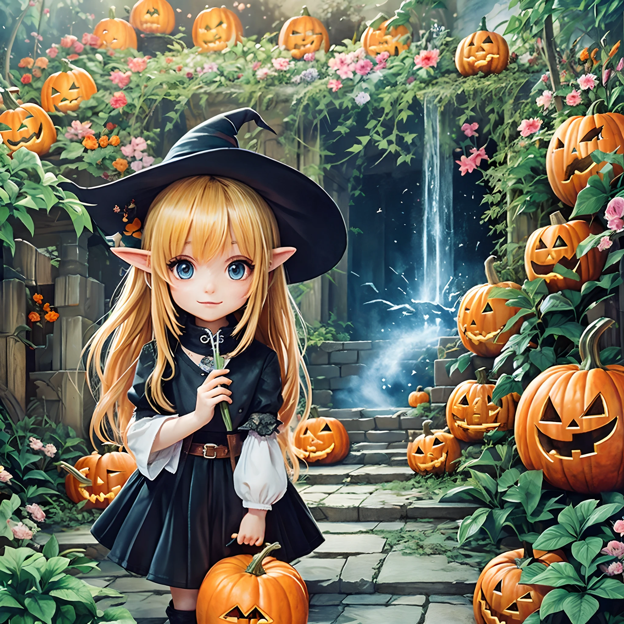 Ultra-detailed painting, Sora Tobu Girl。elf, Final Fantasy, Sorcerer, High quality, Color, Movie style, Halloween, pumpkins, Witch, Transparent watercolor。Feeling fear. Dream City。Fantastic Garden。
