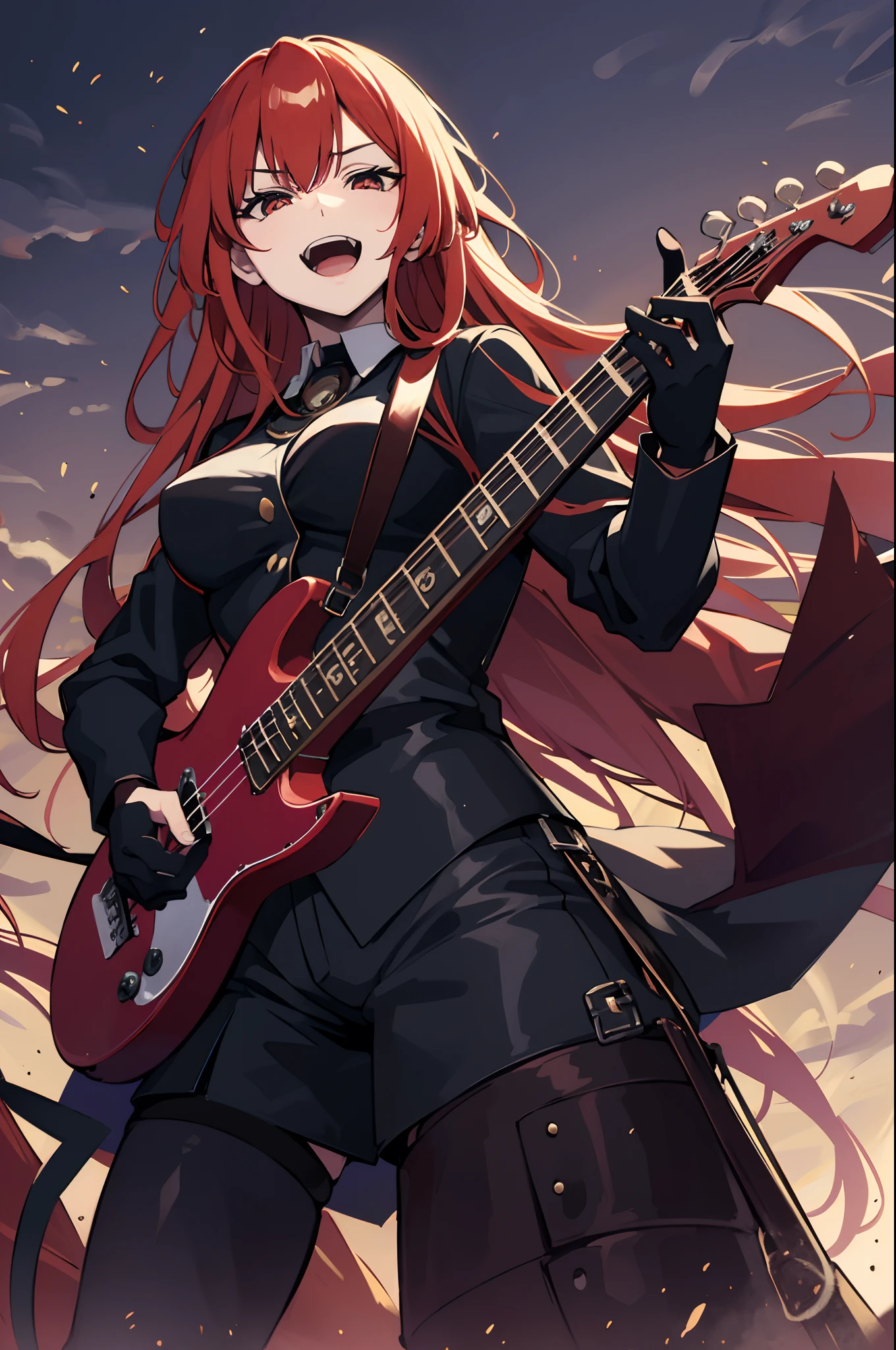 mulher, red hair, Cabelos Longos, anime, seios, Olhos vermelhos, Comics, sozinho, cabelo sobre um olho, cabo, Rockeira, franja, seios grandes, sorrir, tocando baixo eletrico, Electric bass instrument in your hands, electric bass, baixo eletrico completo de 4 cordas, os dedos dela  (Playing electric bass, Have an electric bass, 4 cordas), foto de corpo inteiro.