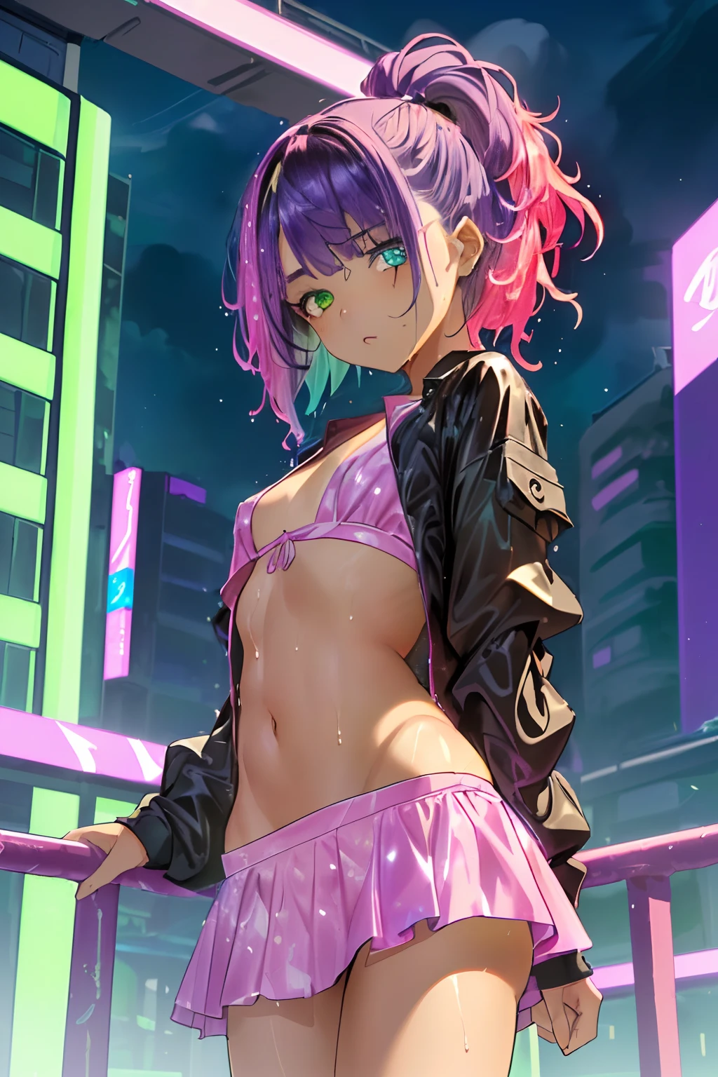 1 girl (short bangs, green color, with bright green inner colors in her hair), (this girl stands from the angle behind the viewer and shows her hips, she is a shapely and beautiful girl) (she has a very cute bikini)  with black color and purple shadows revealed in the light (in front of tall buildings and towers, full of advertising signs, at night, with excellent quality) (looks very tempting at the viewer, and becomes sensual) (physical)  It is absolutely beautiful and well-shaped and stunning (very high image quality and 4k) (thin and beautiful) (to be drawn from a close distance of the character) (girl, half-naked)cute cartoon little loli,(((little loli,small tiny body,petite))),(((6 years old))),((extremely cute cartoon girl with liquid paint hair)),

(((flat chest))),(((short hair,liquid paint hair:1.1,neon purple hair|neon pink hair|neon blue hair|neon aqua hair|purple hair|fuchsia hair|fluorescent blue hair|amethyst hair|neon hair|bright pink hair :1.5,bright hair: 1.3,hair made of paint and defies gravity,thick flowing,paint splatter:1.3,shiny hair: 1.3,vibrant colored hair))),((((heterochromia:1.5,eye1 purple,eye2 pink))),intricate eyes,beautiful detailed eyes,symmetrical eyes,big eyes:1.5,((fat)),(((lustrous skin:1.5,bright skin: 1.5,skin tanned,shiny skin,very shiny skin,shiny body,plastic glitter skin,exaggerated shiny skin,illuminated skin,wet legs))),(delicate detailed fingers,detailed body,human hands),

cute,slutty,seductive,erotic,(((nsfw))),

revealing clothing,show skin,(wearing a Neon color theme clothing:1.3,micro clothes,fluorescent and neon clothing,rave fashion,micro crop top,micro skirt,visible thong straps,accessories LED),((wet clothes,intricate outfit,intricate clothes)),

(dynamic pose:1.0),solo focus,embarrassed,(centered,scale to fit dimensions,Rule of thirds),

cyberpunk city by the ocean at night, with bright neon signs and dark stormy clouds and puddles, scenery:1.25,

highres, sharp focus, (ultra detailed, extremely detailed), (ph