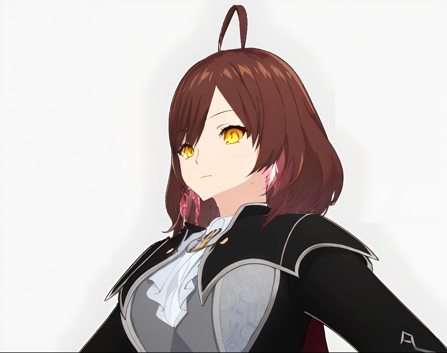 Anime girl with brown hair and yellow eyes in black and white costume, Female protagonist 👀 :8, render of april, Also, Ayaka Genshin impact, made with anime painter studio, persona art style, Stylized anime, rena nounen style 3/4, Anime Stylization, anime styled 3d, saori, highly detailed character