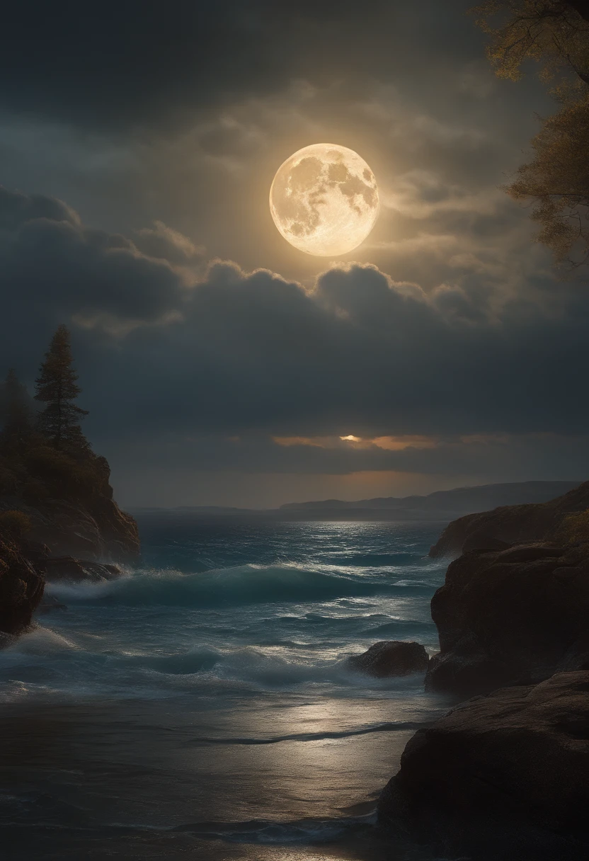 (best quality,4k,8k,highres,masterpiece:1.2),ultra-detailed,realistic:1.37,a moonlit night sky merging with the ocean in great detail, ethereal, melancholic, crystal clear, full of intricate details, epic, vibrant colors, beautiful sky and clouds, deep, azure, starlight, dimly lit, haunting, impressionistic, high-definition, fantastical style, sci-fi vibes, Monet, Da Vinci, Albert Bierstadt, William Turner