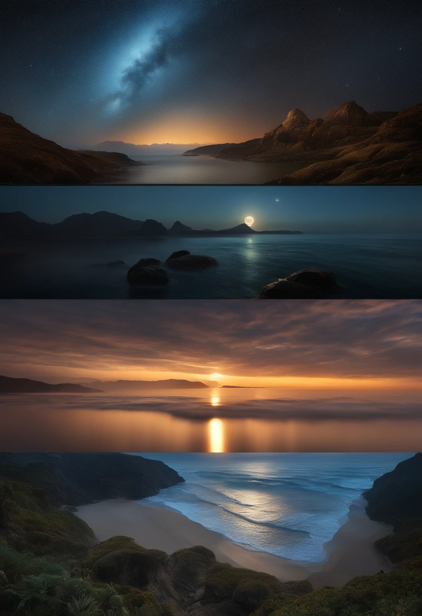 (best quality,4k,8k,highres,masterpiece:1.2),ultra-detailed,realistic:1.37,a moonlit night sky merging with the ocean in great detail, ethereal, melancholic, crystal clear, full of intricate details, epic, vibrant colors, beautiful sky and clouds, deep, azure, starlight, dimly lit, haunting, impressionistic, high-definition, fantastical style, sci-fi vibes, Monet, Da Vinci, Albert Bierstadt, William Turner