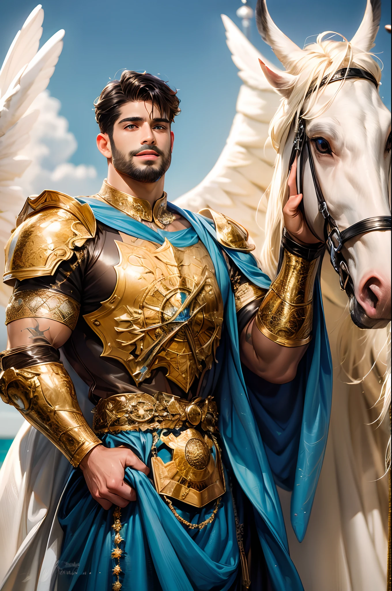 Handsome man with Latin mulatto skin and attractive features, tanned skin tone, dark blue eyes with friendly expression, huge white wings coming out of his back, thick muscles, medium long men's haircut, black brown hairstyle, small beard, medieval fantasy armor, full body tattoos. Man alone.
