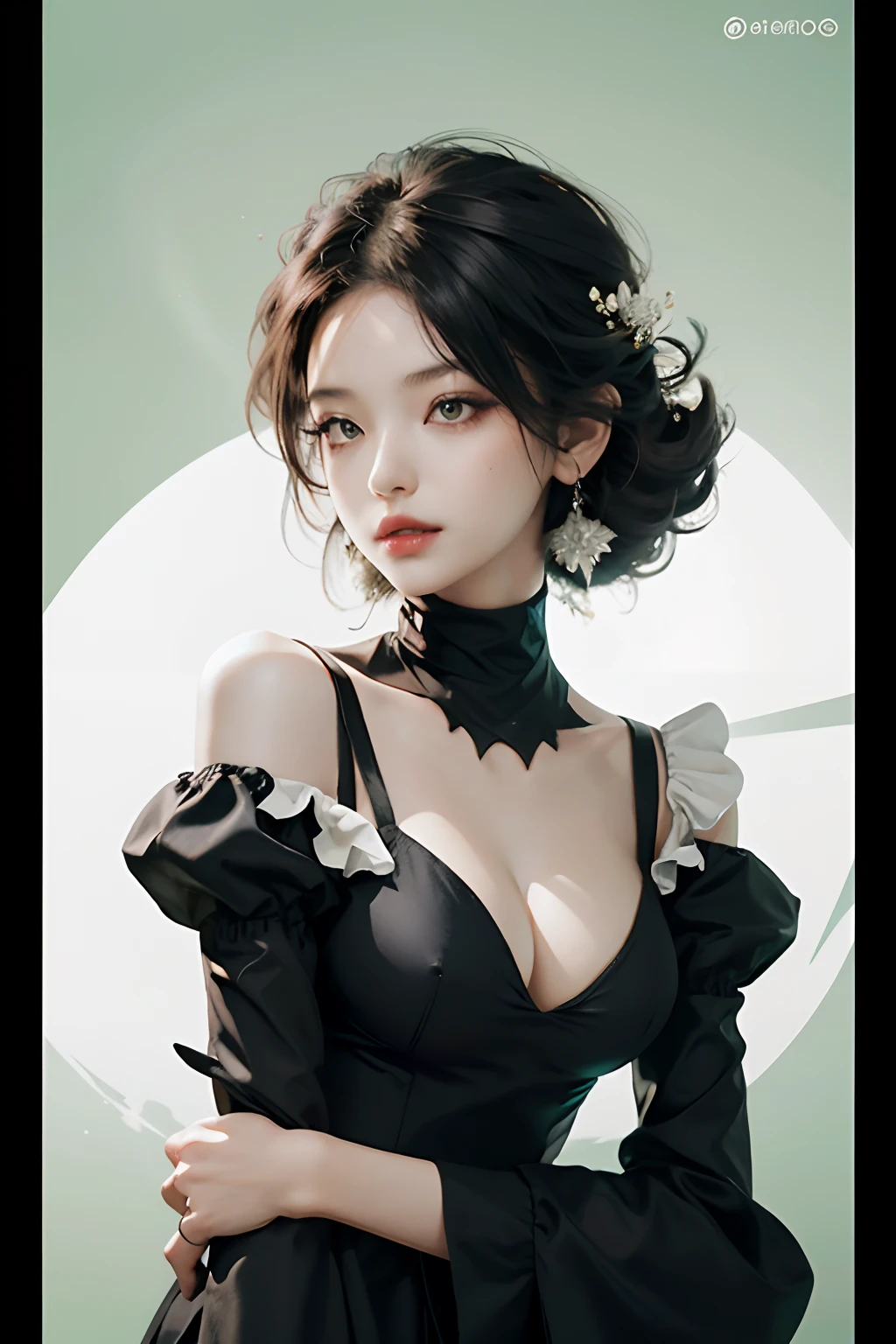 yorha no. 2 type b, 1girl in, Black cloth covers the eyes, , cleavage, cleavage cutout, Clothing cutting, Green background, hair between eye, shairband, A high resolution, Juliet sleeves, Long sleeves, Puffy sleeves, Red lips, shaded face, Short hair, Solo, high-necked, Upper body, White hair, Background forest　废墟　knifes