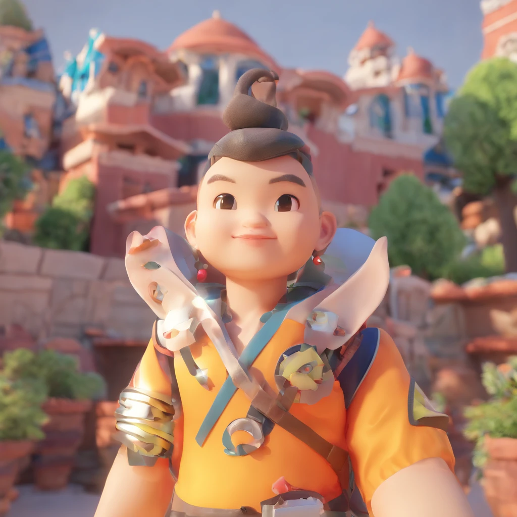 Bubble Mart，male people，Southeast Asia，Chinese big breasts，Bright eyes, Jacket，Light brown skin，Cute little boy， Round face and thick eyebrows，Clay, Models, a blind box toy, Glossy and delicate,Mountain and sea background, Good gloss, 3D rendering of,Best quality