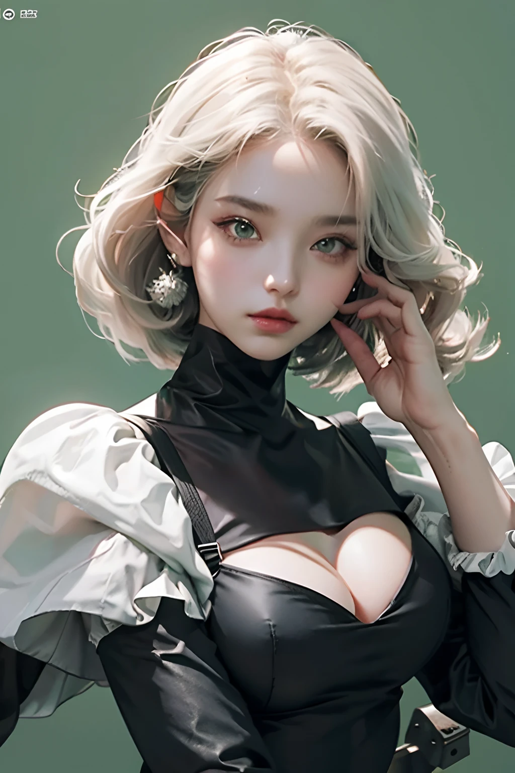 yorha no. 2 type b, 1girl in, Black cloth covers the eyes, Breasts, cleavage, cleavage cutout, Clothing cutting, Green background, hair between eye, shairband, A high resolution, Juliet sleeves, Long sleeves, Puffy sleeves, Red lips, shaded face, Short hair, Solo, high-necked, Upper body, White hair, Background forest 废墟 knifes