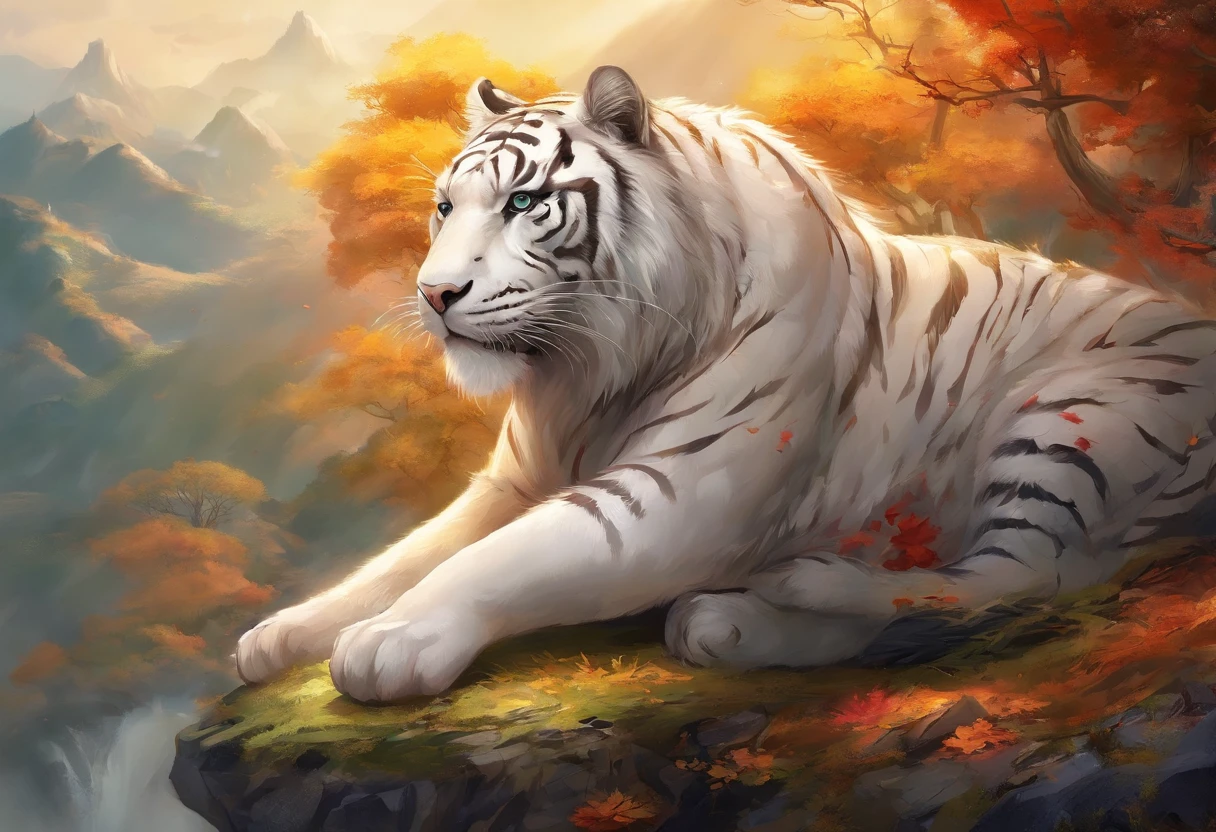 (best quality,tmasterpiece, intrincado,Hiperdetalhamento,papel de parede extremamente detalhado da unidade CG) ,Dahuangdongjing,A Mythical Beast in Chinese Mythology(O Tigre Branco),O tigre branco se assemelha a um enorme tigre branco,enorme e poderoso。Tem um corpo majestoso e garras afiadas,The whole body is covered with fur as white as snow,White tigers usually have a pair of short horns on their heads,And both eyes radiate lightning,surrounded by lightning,Nuvens brancas cercam,Dreamland Wonderland、Genting Heavenly Palace,,The peaks are steep,Rochas estranhas,genial,ogro、presa、horseback riding,Vista distante,(best quality,tmasterpiece, intrincado,Hiperdetalhamento,Foto RAW,8k,hiper HD,ultrahigh-resolution,estilo fotorrealista,Cinematic scenes, foco nítido,dramatic lighting,papel de parede extremamente detalhado da unidade CG,Cores chinesas,The color is bright,brilhantemente,elementos tradicionais chineses,((Murais antigos)),Mitos ilustrativos,Lenda de Fuyao,Luz fraca,neblina nebulosa,Mystical aura,tmasterpiece,K HD |,Rico em Cores,Detalhes detalhados,sete cores)