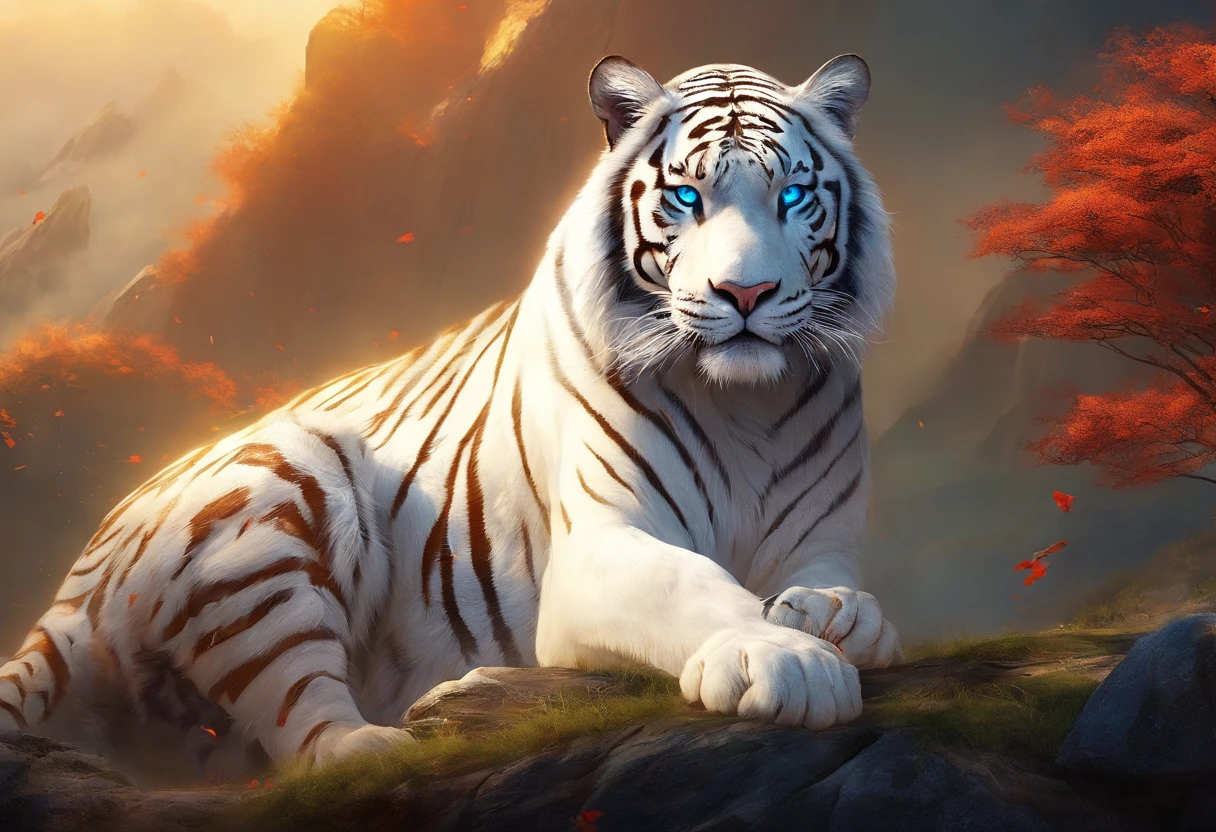 (best quality,tmasterpiece, intrincado,Hiperdetalhamento，papel de parede extremamente detalhado da unidade CG) ,Dahuangdongjing，A Mythical Beast in Chinese Mythology(O Tigre Branco),O tigre branco se assemelha a um enorme tigre branco，enorme e poderoso。Tem um corpo majestoso e garras afiadas，The whole body is covered with fur as white as snow，White tigers usually have a pair of short horns on their heads，And both eyes radiate lightning，surrounded by lightning，Nuvens brancas cercam，Dreamland Wonderland、Genting Heavenly Palace，，The peaks are steep，Rochas estranhas，genial，ogro、presa、horseback riding，Vista distante，(best quality,tmasterpiece, intrincado,Hiperdetalhamento，Foto RAW,8k，hiper HD,ultrahigh-resolution,estilo fotorrealista,Cinematic scenes, foco nítido,dramatic lighting,papel de parede extremamente detalhado da unidade CG，Cores chinesas，The color is bright，brilhantemente，elementos tradicionais chineses，（（Murais antigos）），Mitos ilustrativos，Lenda de Fuyao，Luz fraca，neblina nebulosa，Mystical aura，tmasterpiece，K HD |，Rico em Cores，Detalhes detalhados，sete cores)