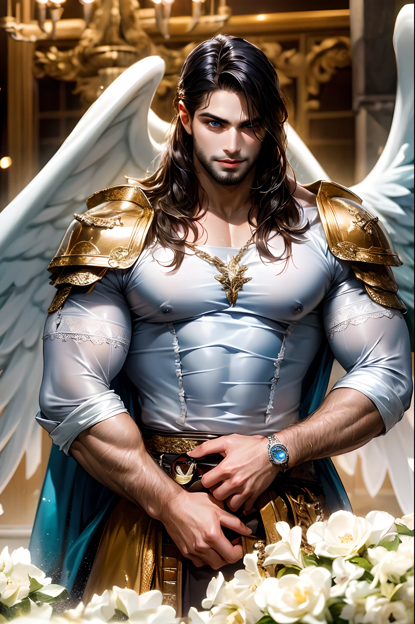 Handsome man with Latin mulatto skin and attractive features, tanned skin tone, dark blue eyes with friendly expression, huge white wings coming out of his back, thick muscles, medium long men's haircut, black brown hairstyle, small beard, medieval fantasy armor, full body tattoos. Alone.